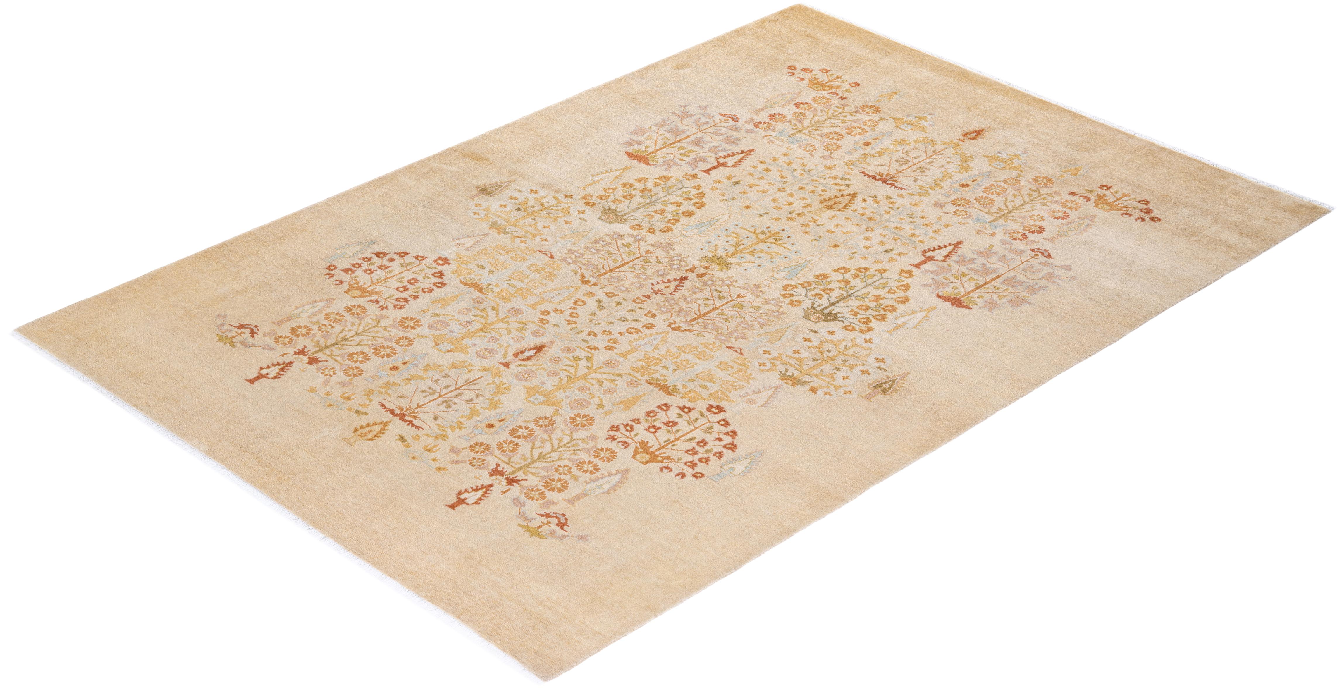Contemporary Eclectic Hand Knotted Wool Ivory Area Rug  For Sale 4