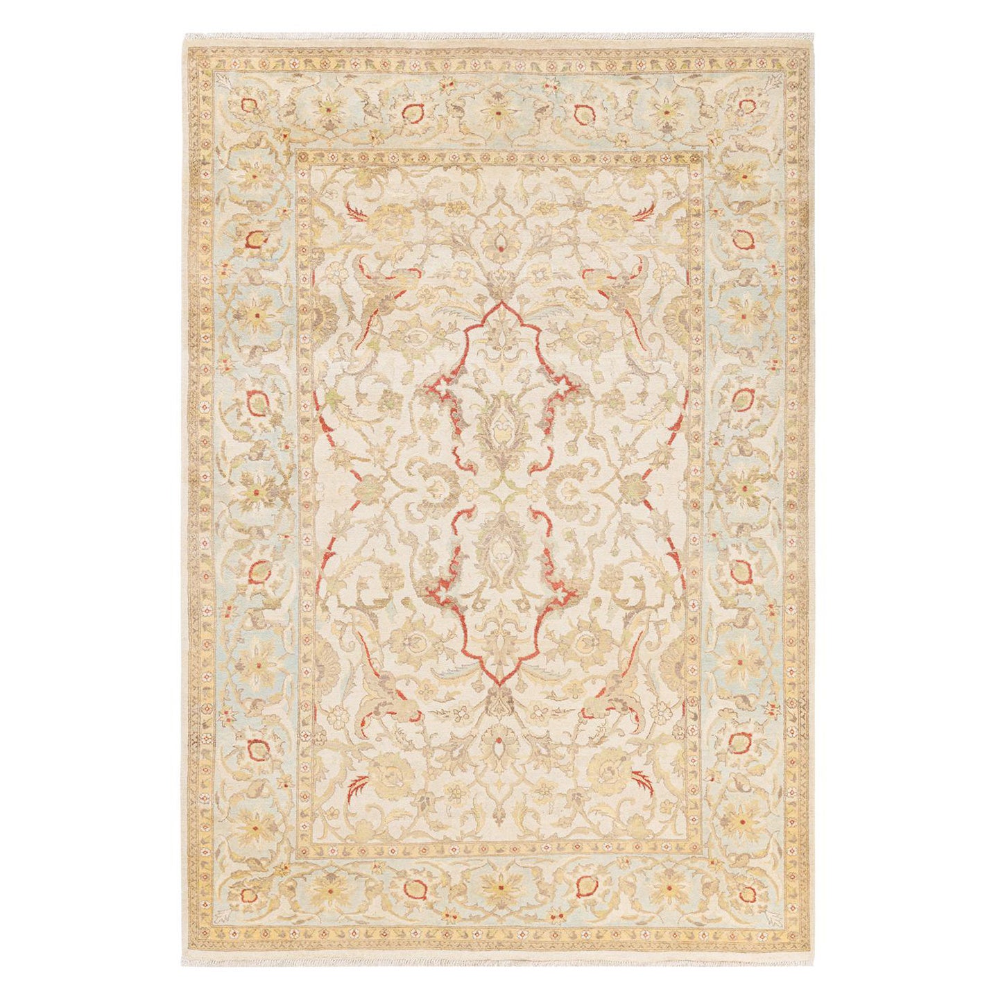 Tapis de sol contemporain éclectique en laine nouée à la main ivoire