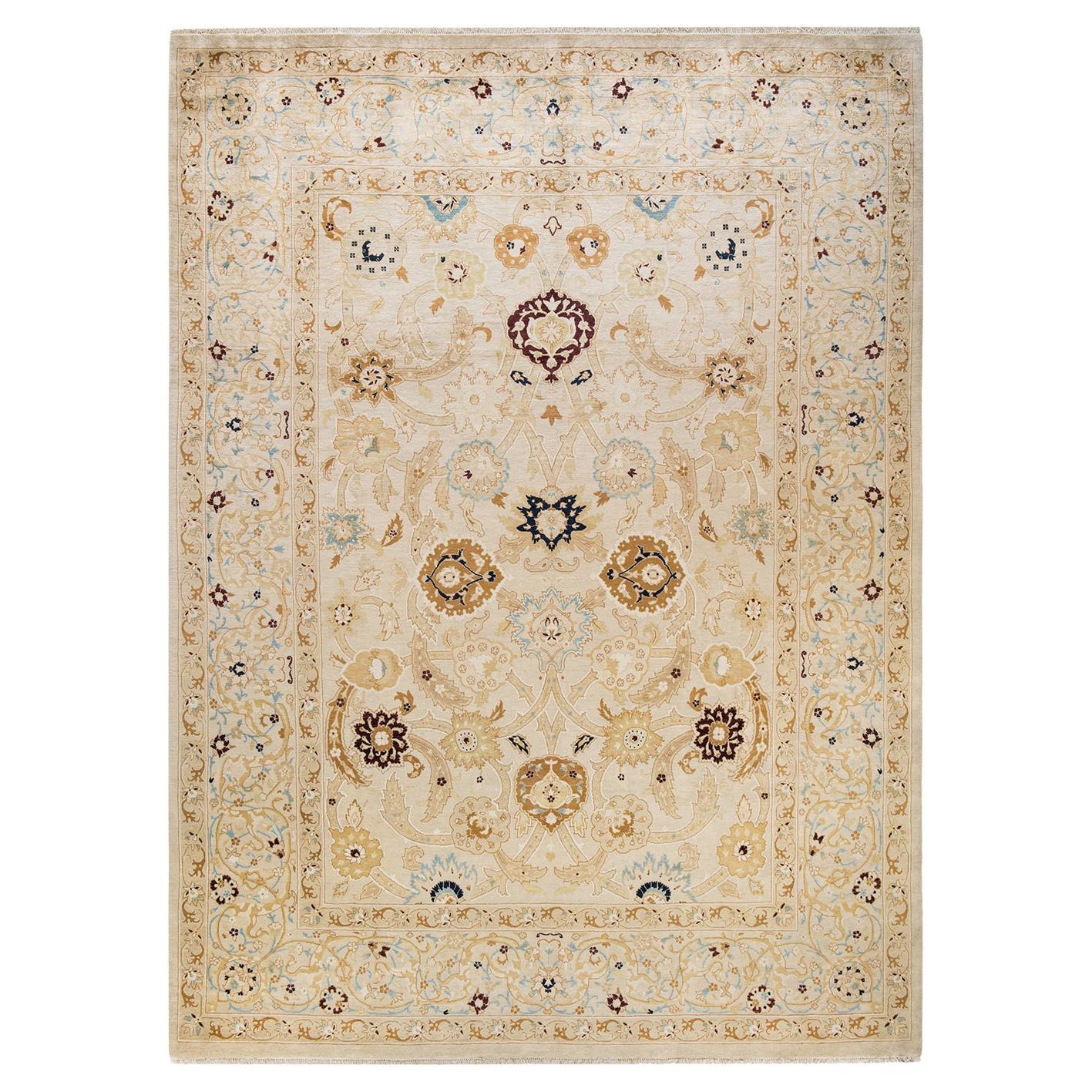 Contemporary Eclectic Hand Knotted Wool Ivory Area Rug
