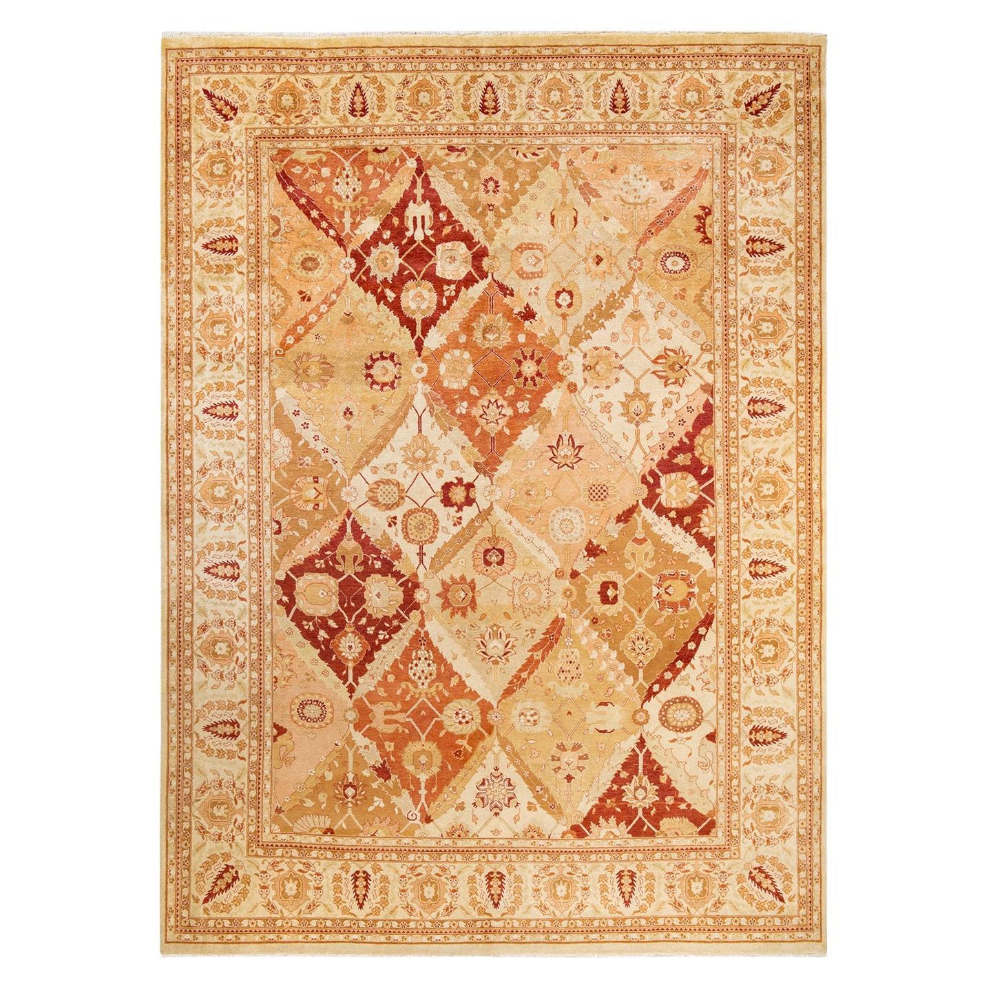 Contemporary Eclectic Hand Knotted Wool Ivory Area Rug For Sale