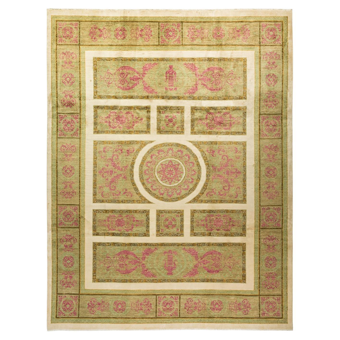 Contemporary Eclectic Hand Knotted Wool Ivory Area Rug