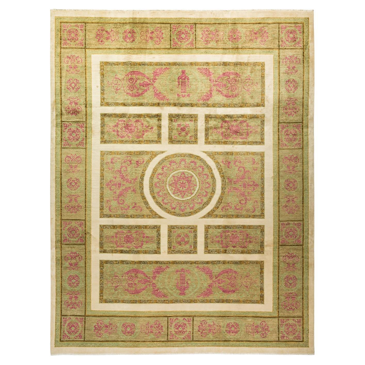 Contemporary Eclectic Hand Knotted Wool Ivory Area Rug  For Sale