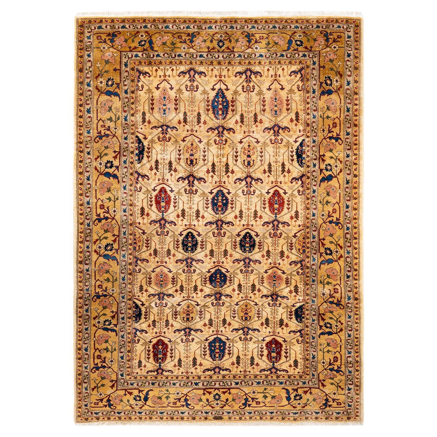 Contemporary Eclectic Hand Knotted Wool Ivory Area Rug For Sale