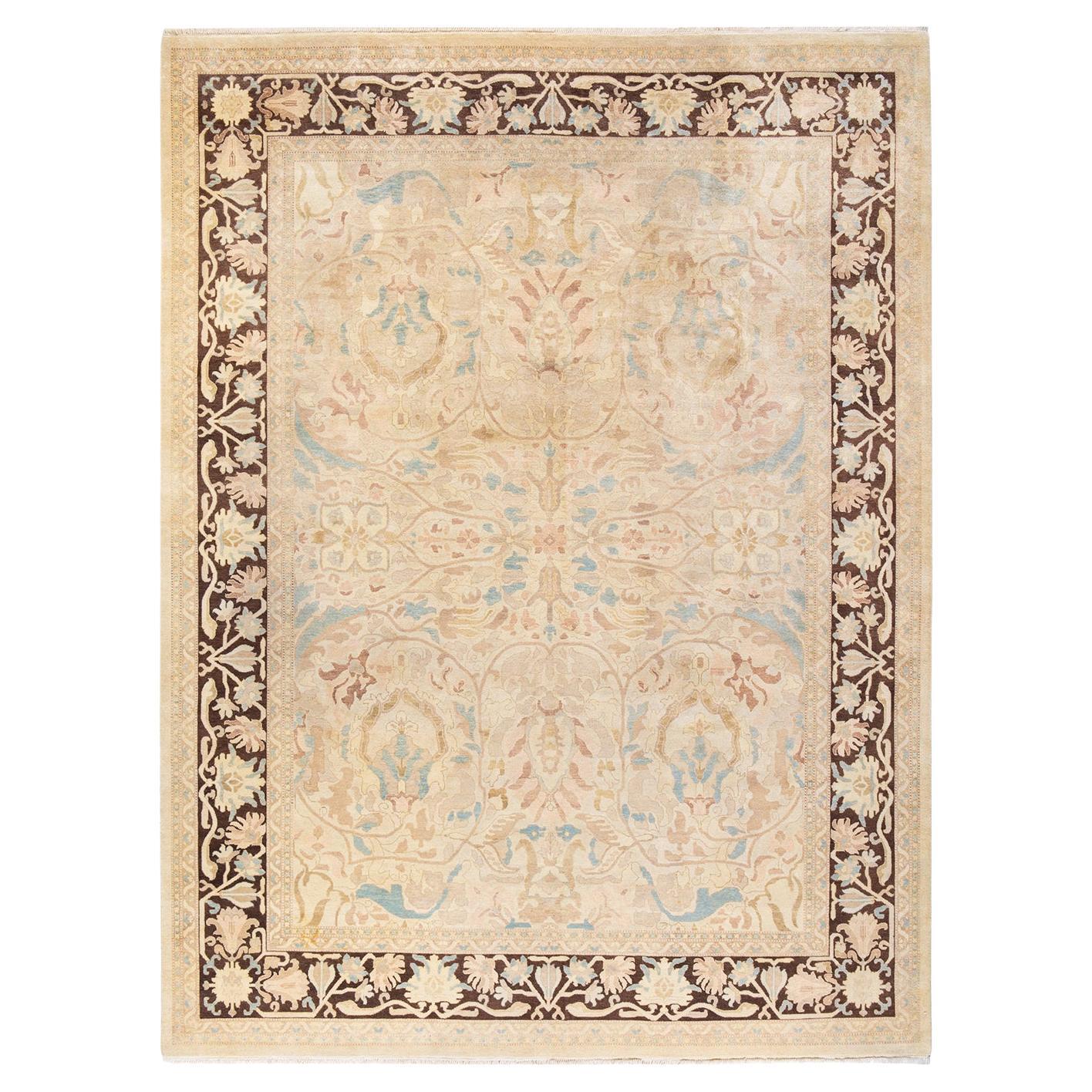 Contemporary Eclectic Hand Knotted Wool Ivory Area Rug For Sale