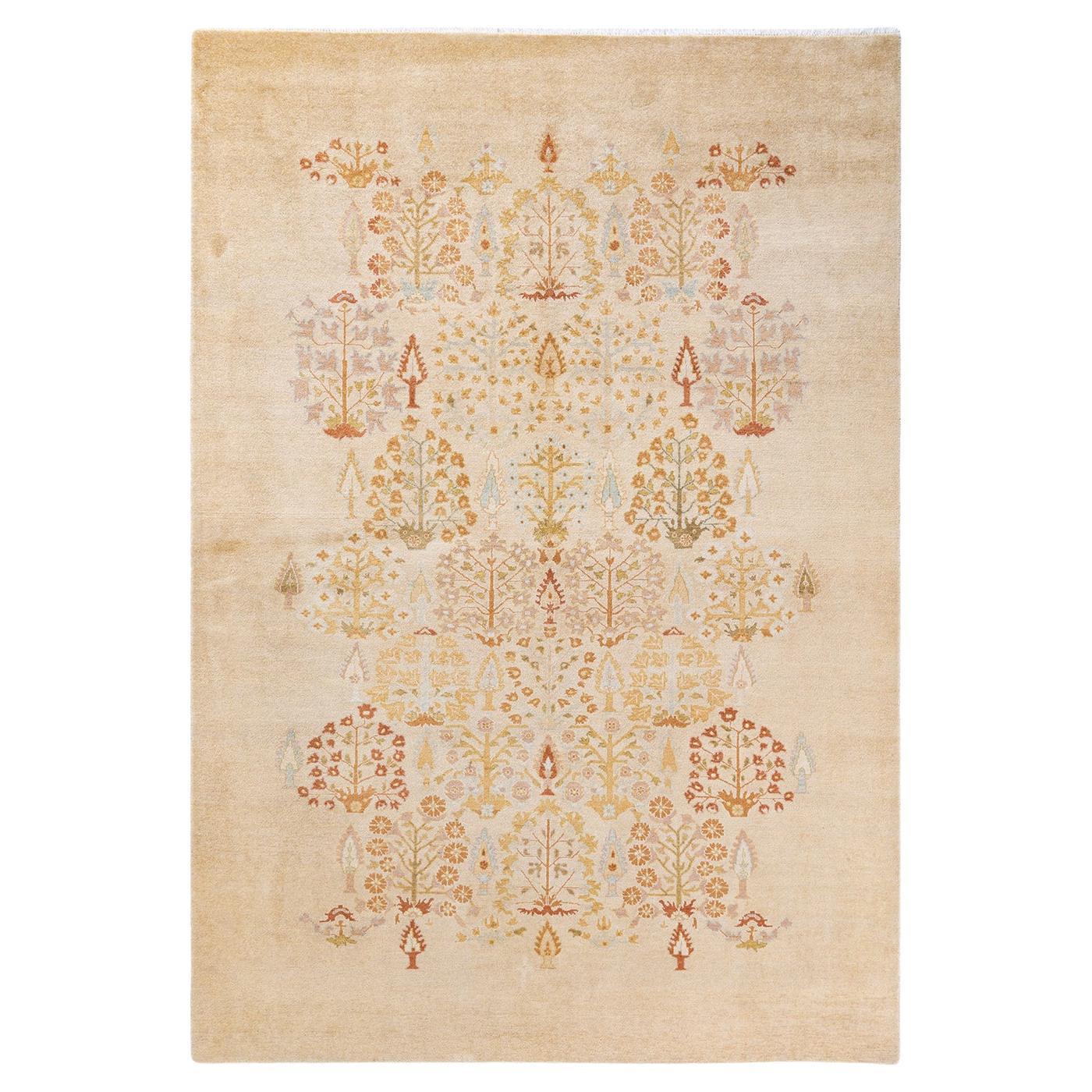 Contemporary Eclectic Hand Knotted Wool Ivory Area Rug  For Sale