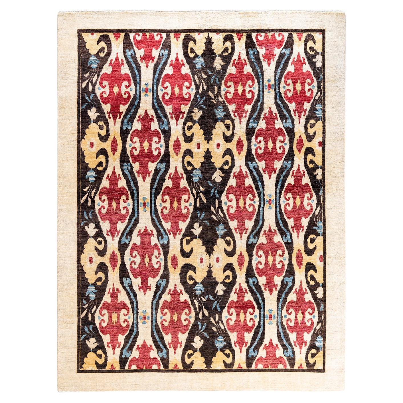 Contemporary Eclectic Hand Knotted Wool Ivory Area Rug  For Sale