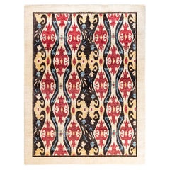 Contemporary Eclectic Hand Knotted Wool Ivory Area Rug 