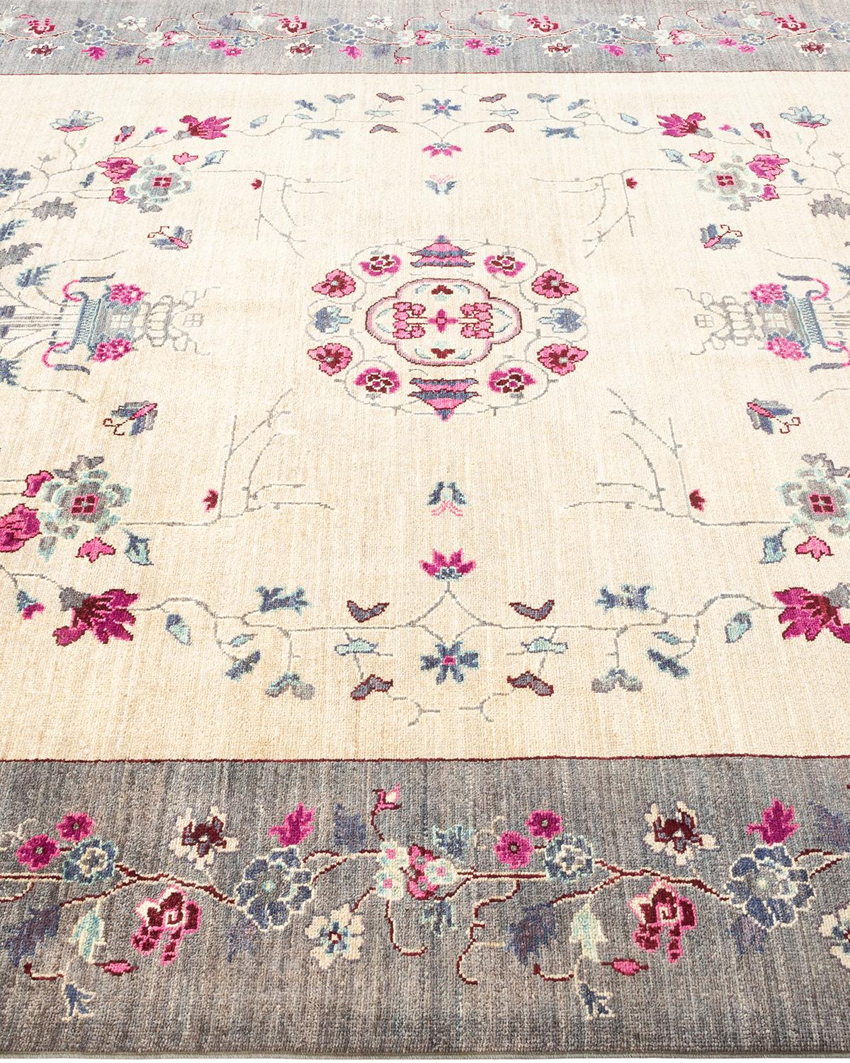 Contemporary Eclectic Hand Knotted Wool Ivory Runner In New Condition For Sale In Norwalk, CT