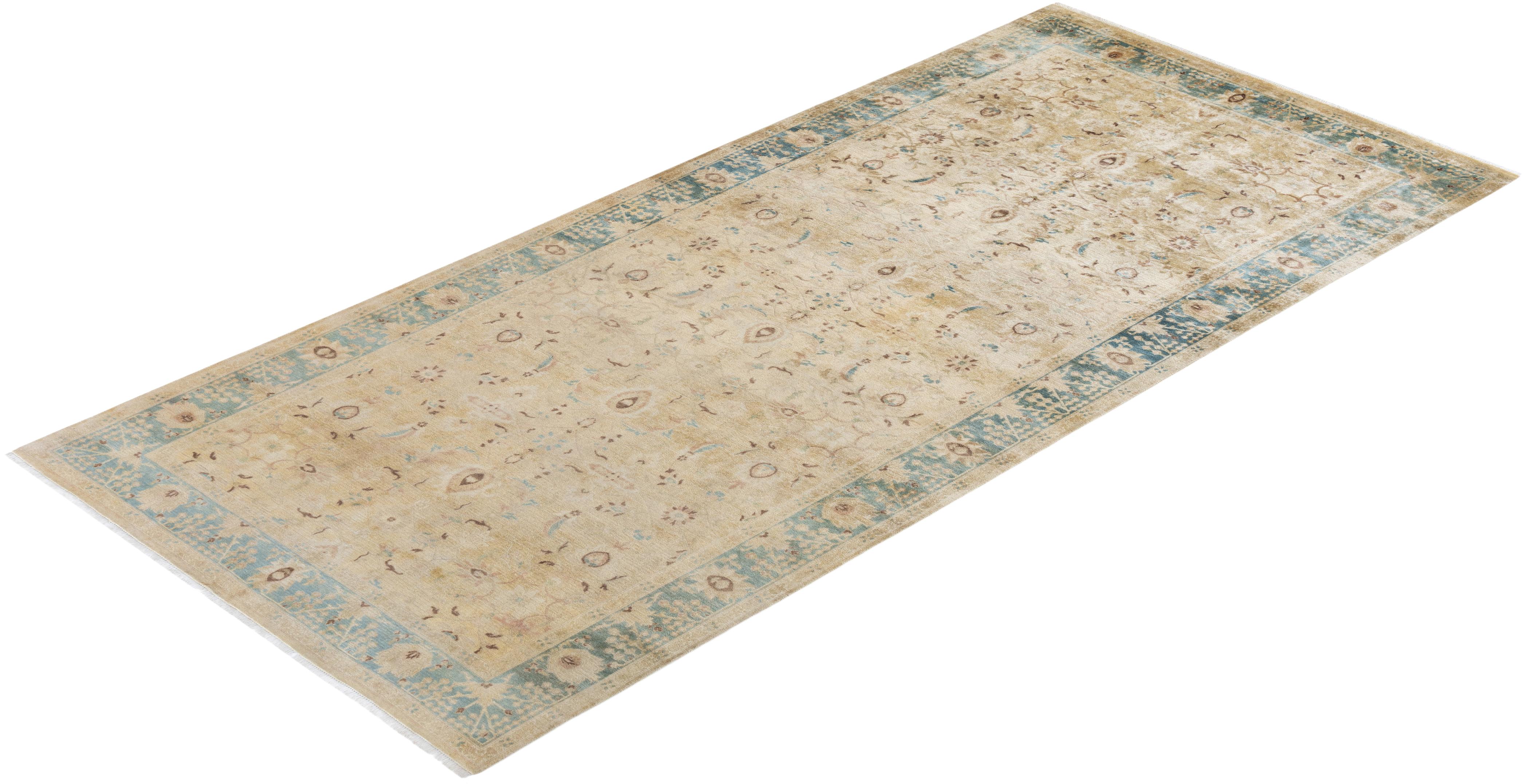 Contemporary Eclectic Hand Knotted Wool Ivory Runner For Sale 4