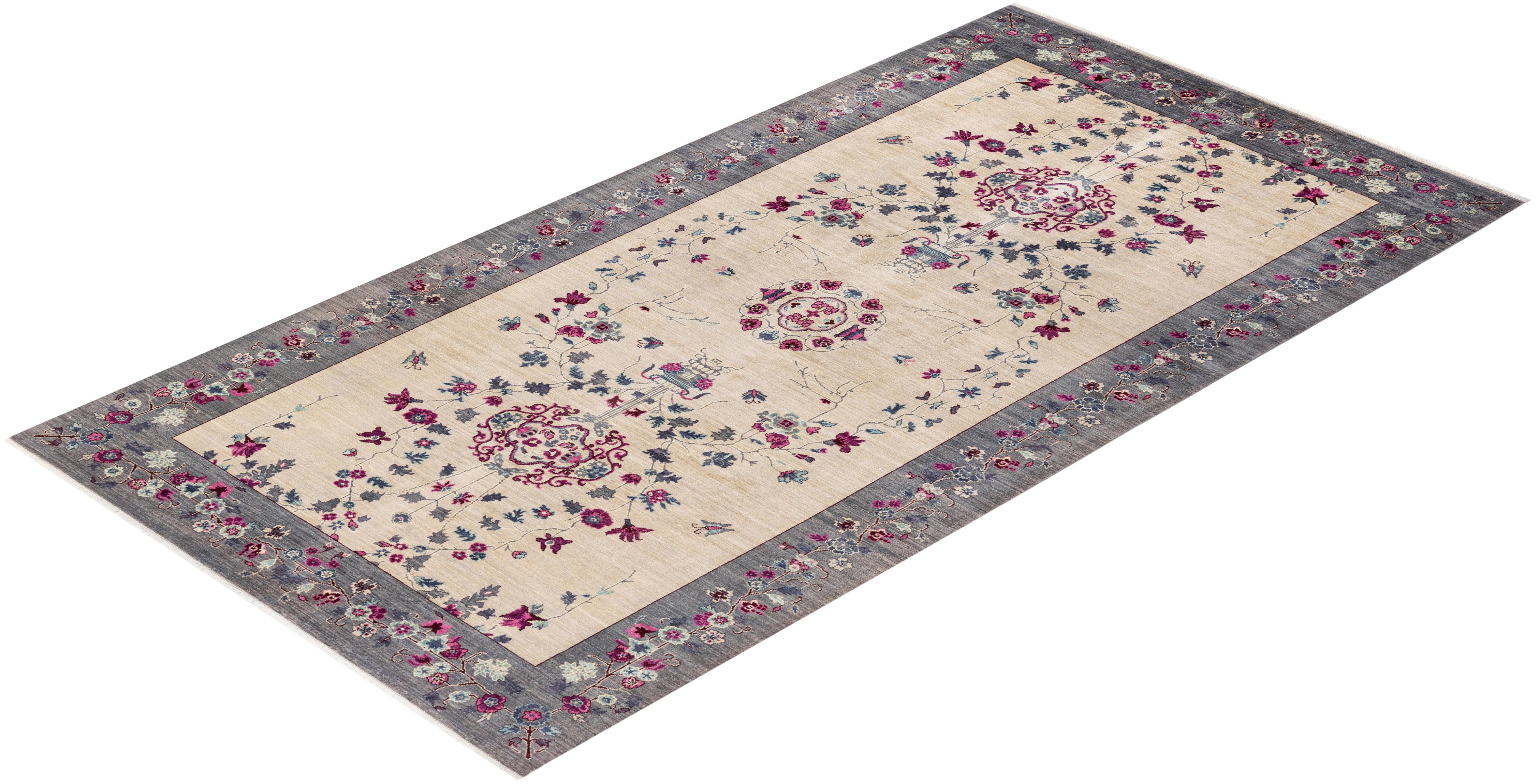 Contemporary Eclectic Hand Knotted Wool Ivory Runner For Sale 4