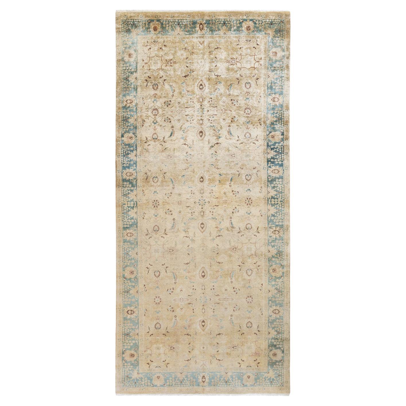 Contemporary Eclectic Hand Knotted Wool Ivory Runner For Sale