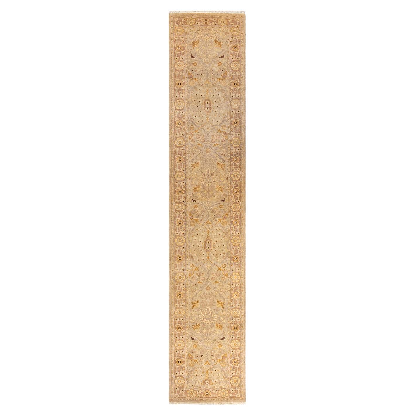 Contemporary Eclectic Hand Knotted Wool Ivory Runner For Sale