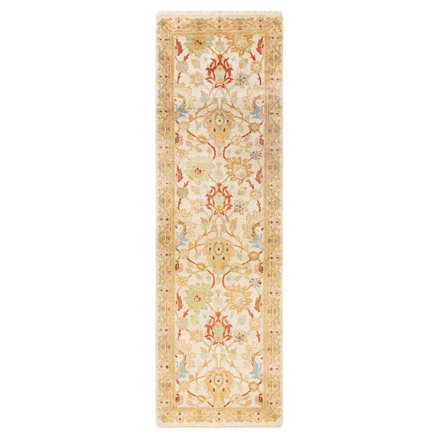 Contemporary Eclectic Hand Knotted Wool Ivory Runner