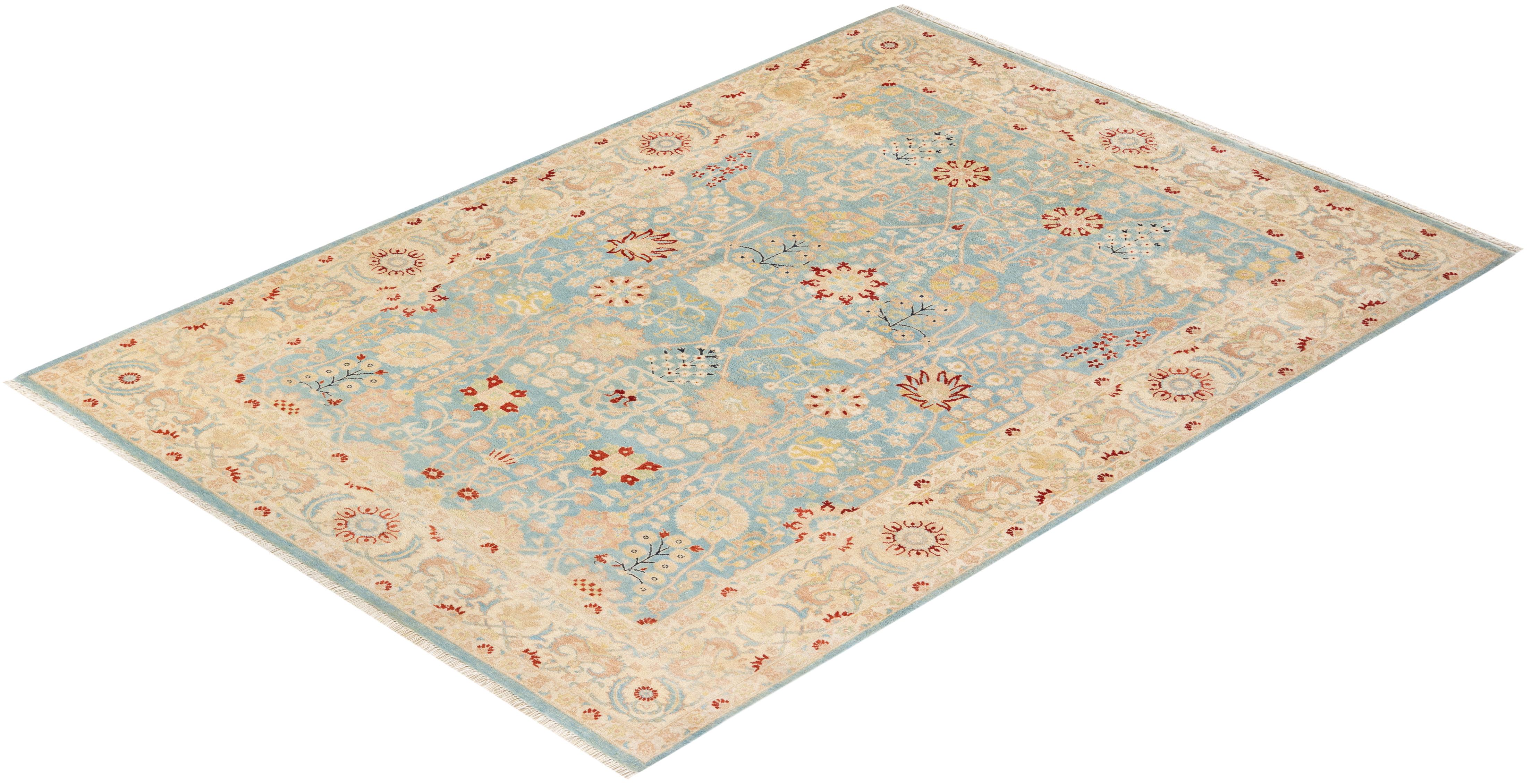 Contemporary Eclectic Hand Knotted Wool Light Blue Area Rug im Angebot 2