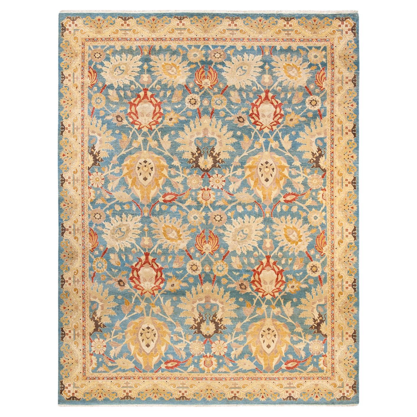 Contemporary Eclectic Hand Knotted Wool Light Blue Area Rug For Sale