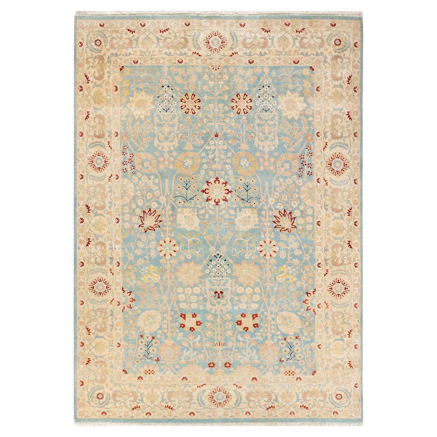 Contemporary Eclectic Hand Knotted Wool Light Blue Area Rug im Angebot