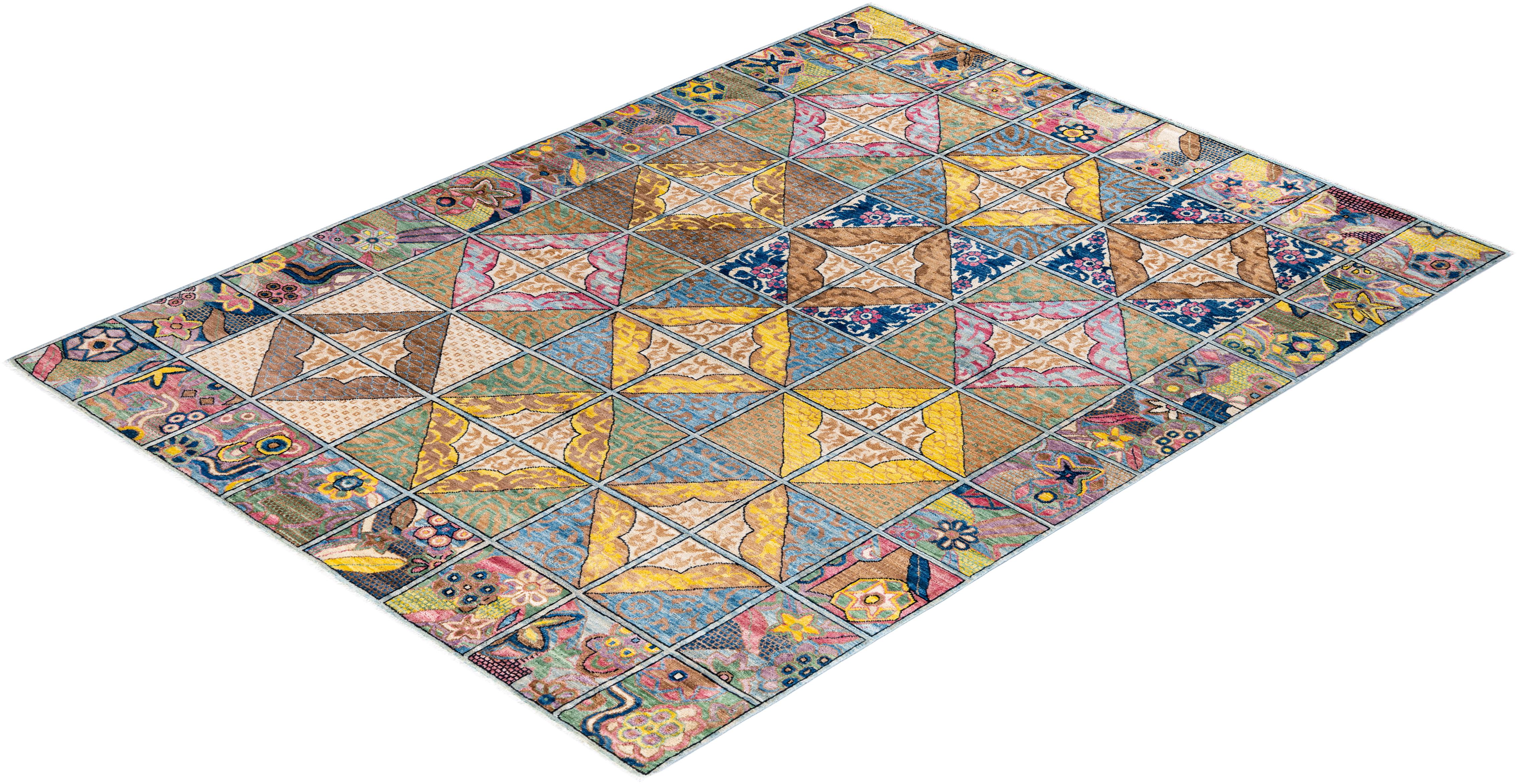 Contemporary Eclectic Hand Knotted Wool Multi Area Rug  im Angebot 2