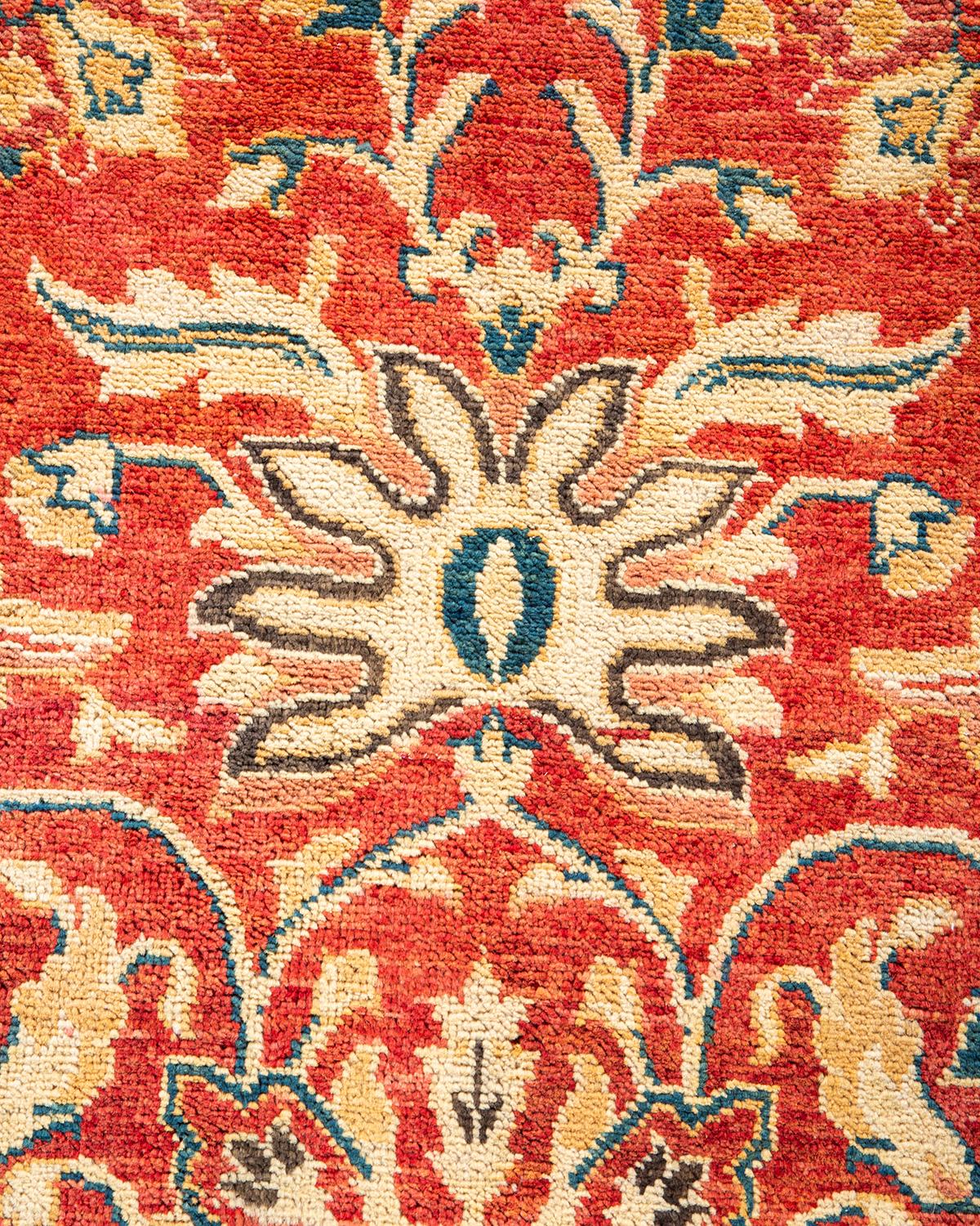 Pakistani Contemporary Eclectic Hand Knotted Wool Orange Area Rug For Sale