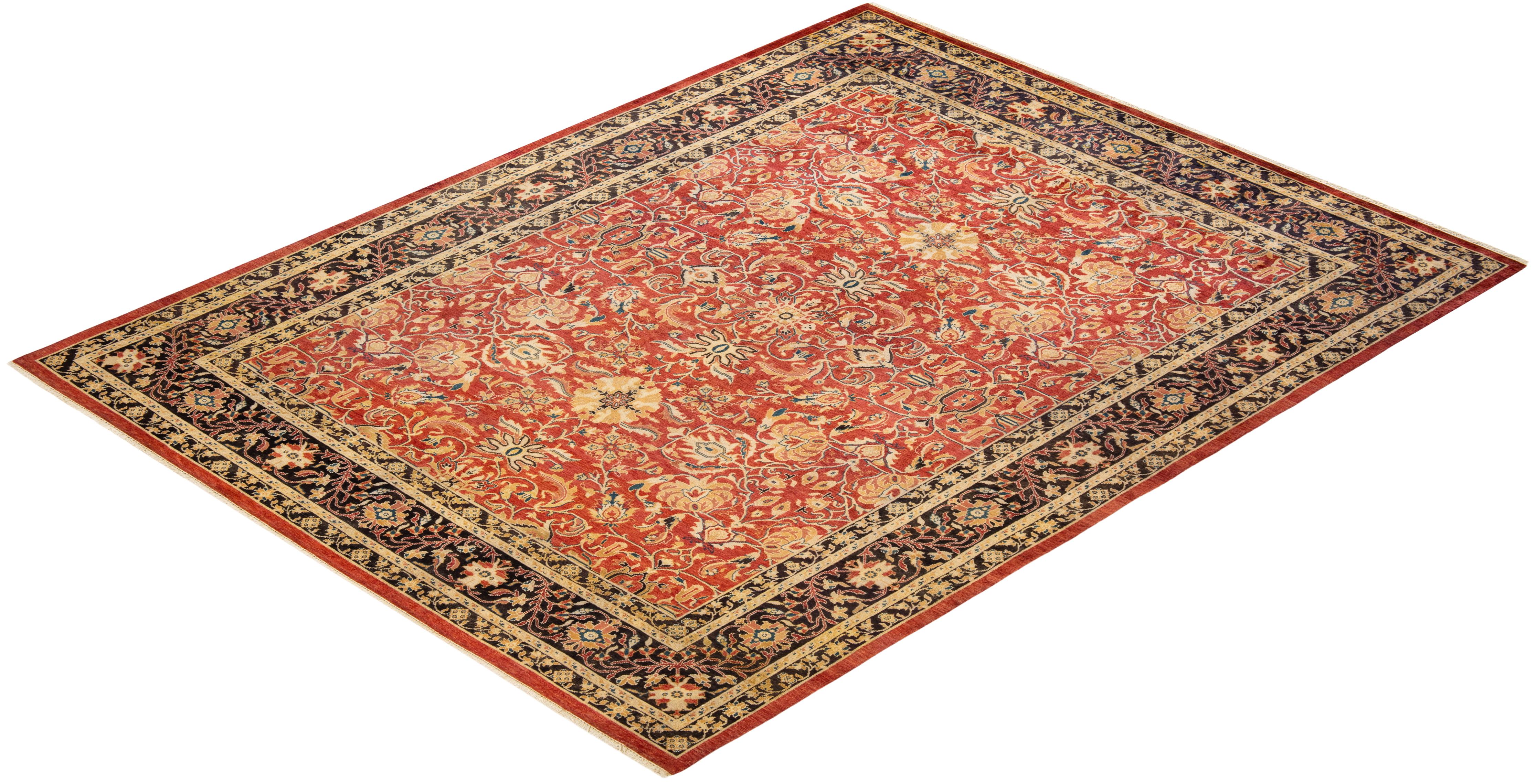 Contemporary Eclectic Hand Knotted Wool Orange Area Rug For Sale 4