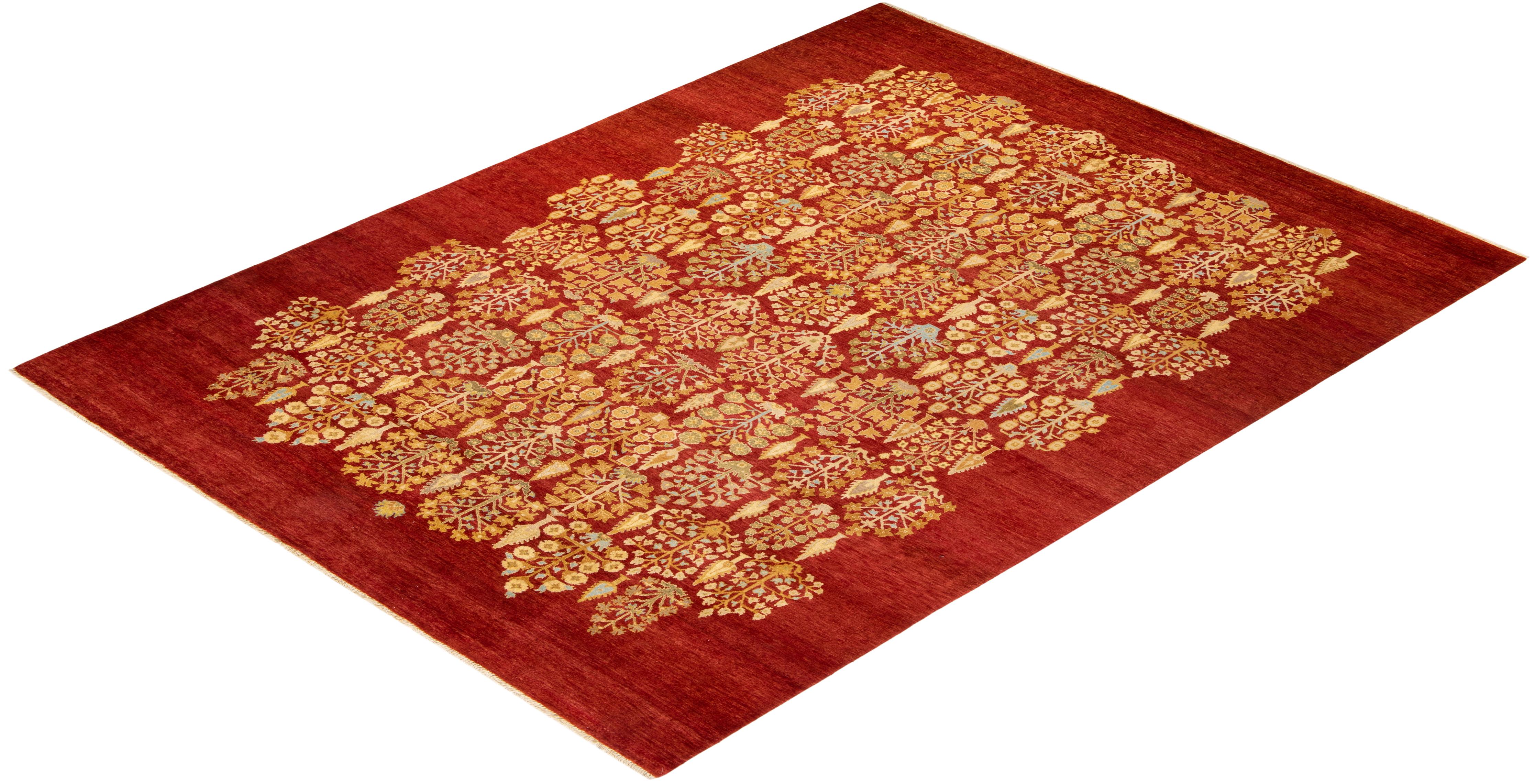 Contemporary Eclectic Hand Knotted Wool Orange Area Rug For Sale 4