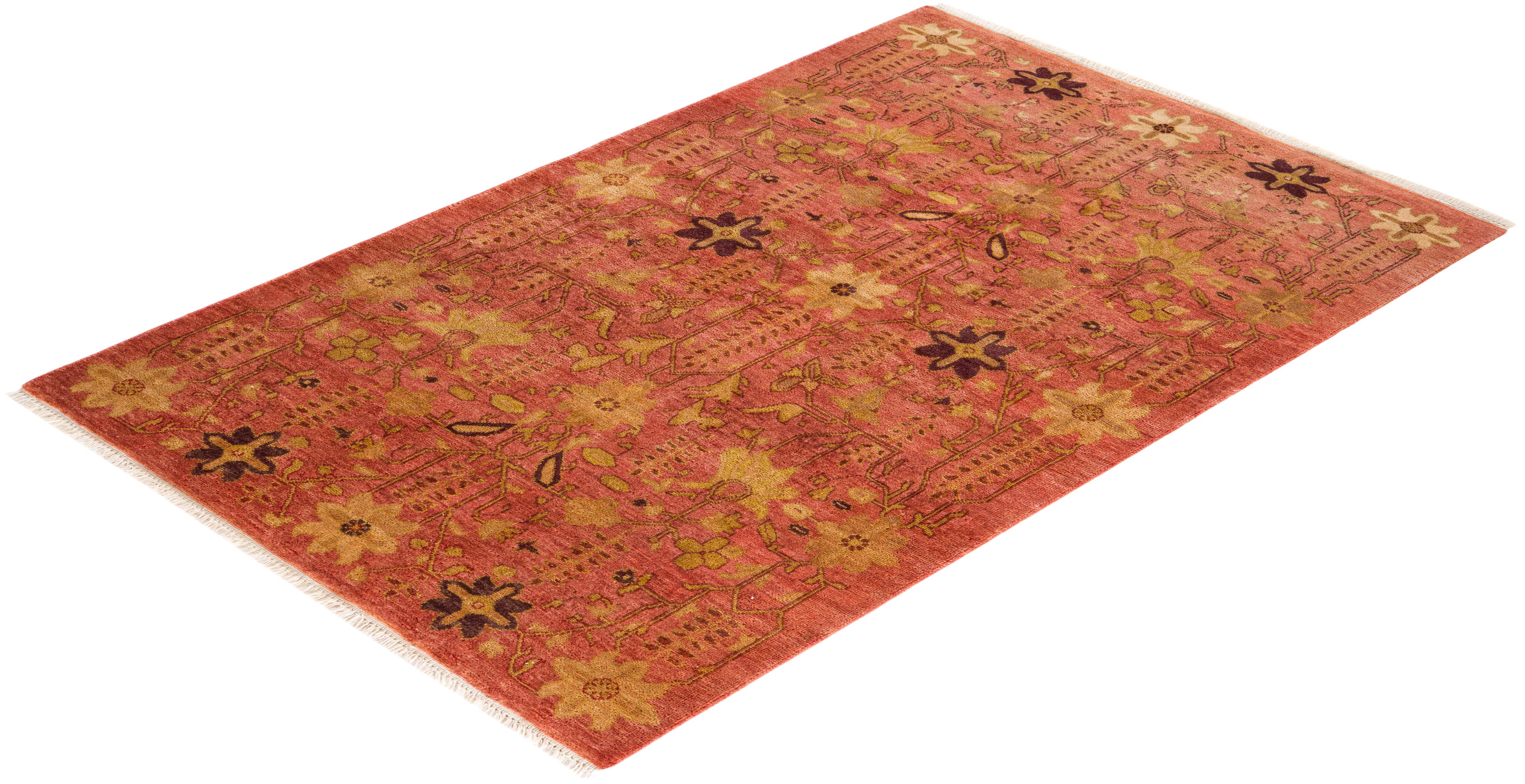 Contemporary Eclectic Hand Knotted Wool Orange Area Rug For Sale 4