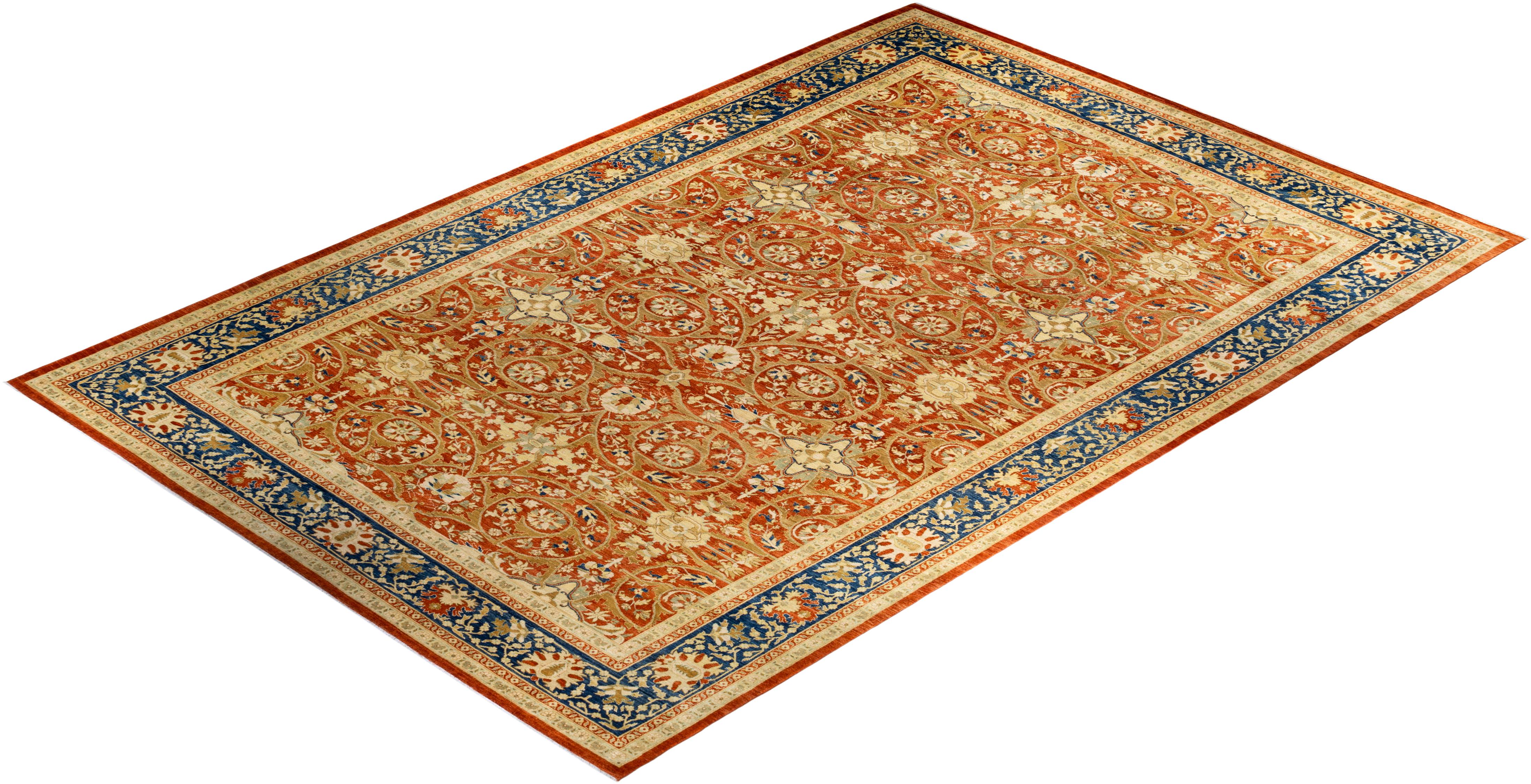 Contemporary Eclectic Hand Knotted Wool Orange Area Rug For Sale 4