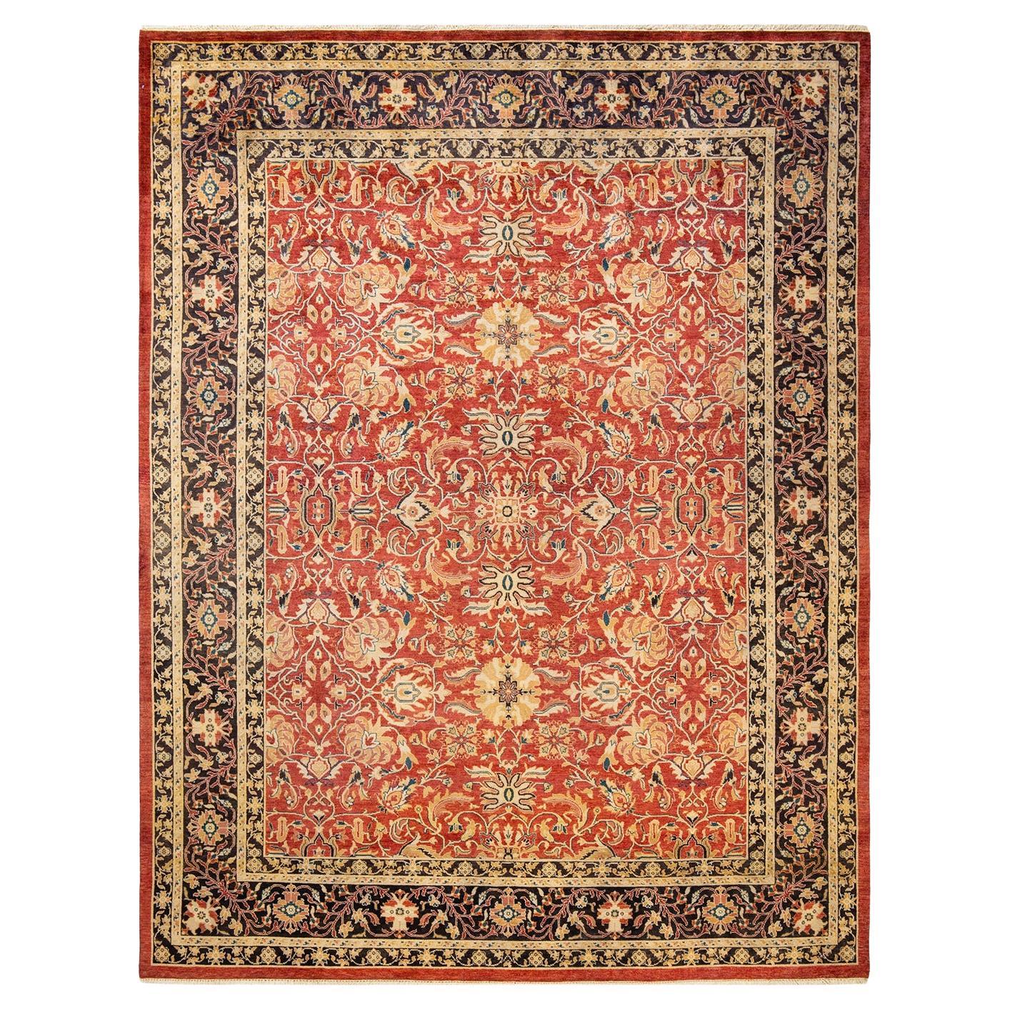 Contemporary Eclectic Hand Knotted Wool Orange Area Rug For Sale