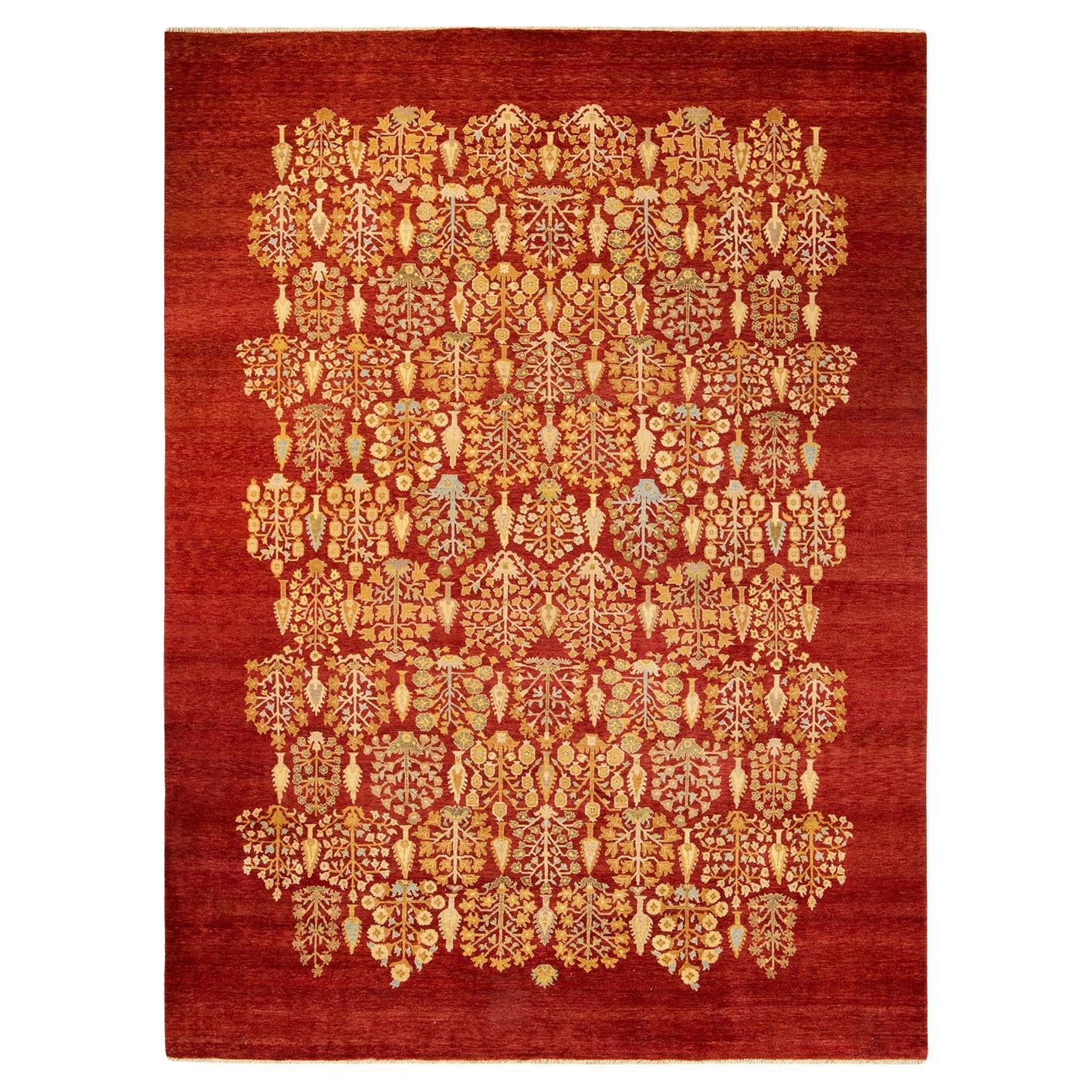 Contemporary Eclectic Hand Knotted Wool Orange Area Rug For Sale