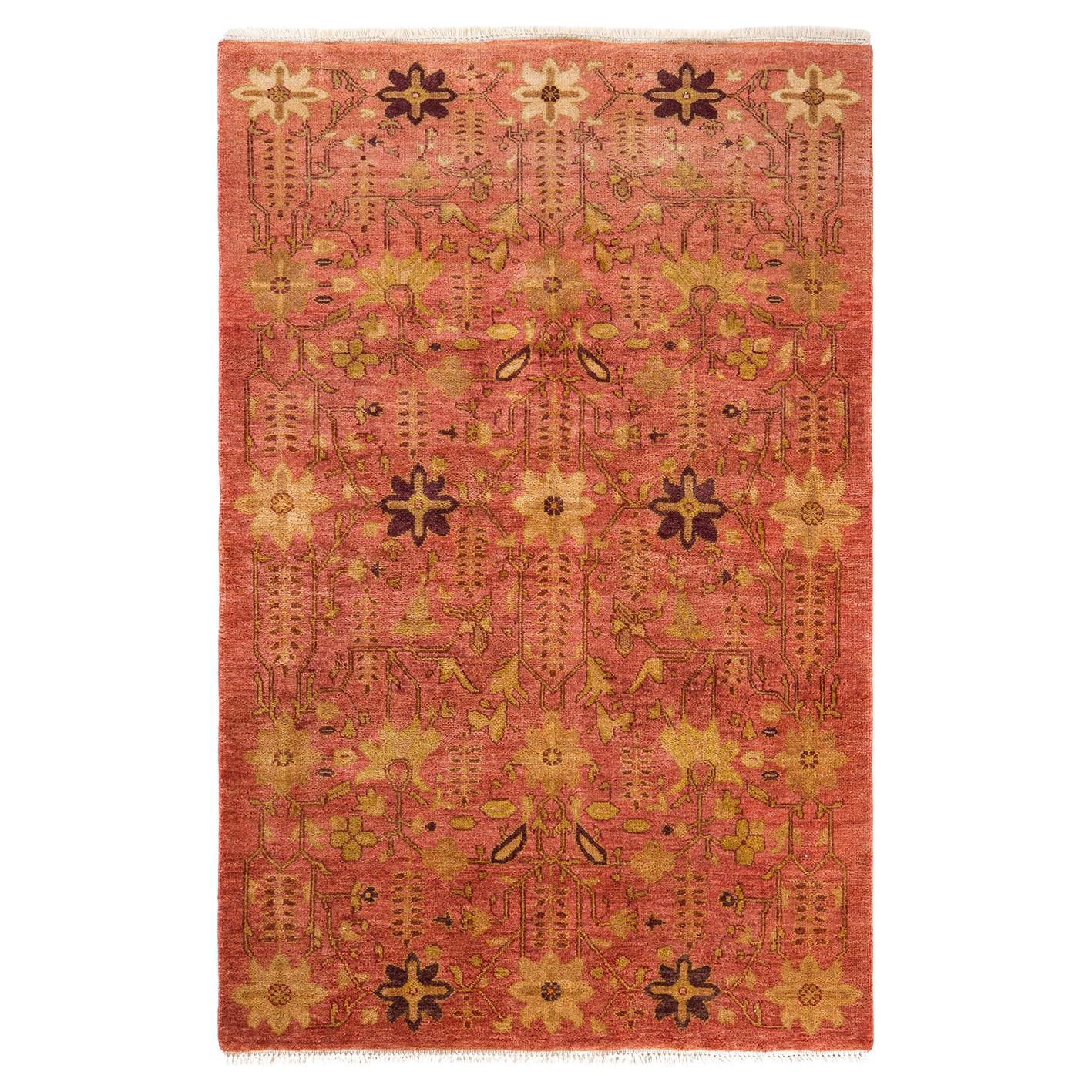 Contemporary Eclectic Hand Knotted Wool Orange Area Rug For Sale