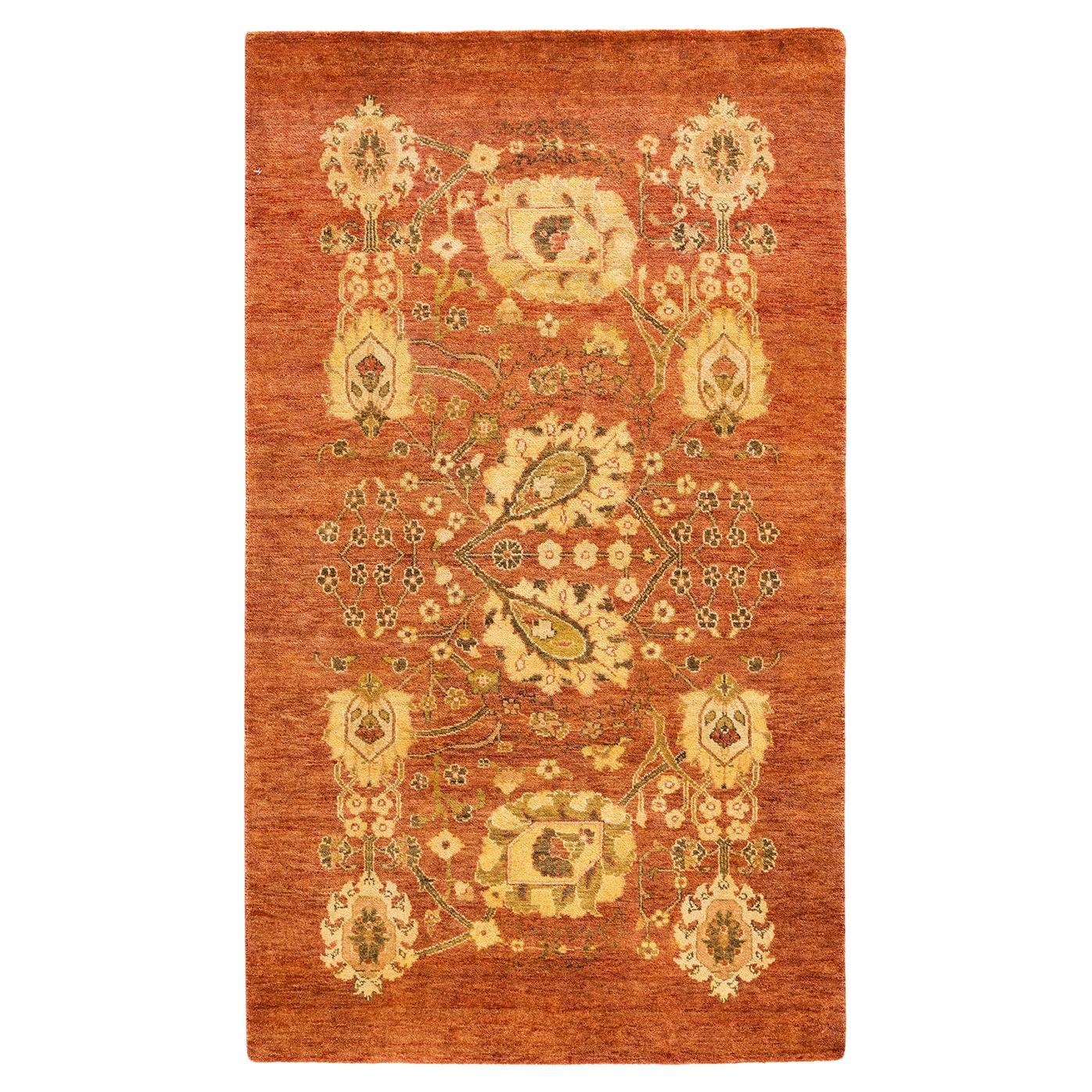 Contemporary Eclectic Hand Knotted Wool Pink Area Rug For Sale