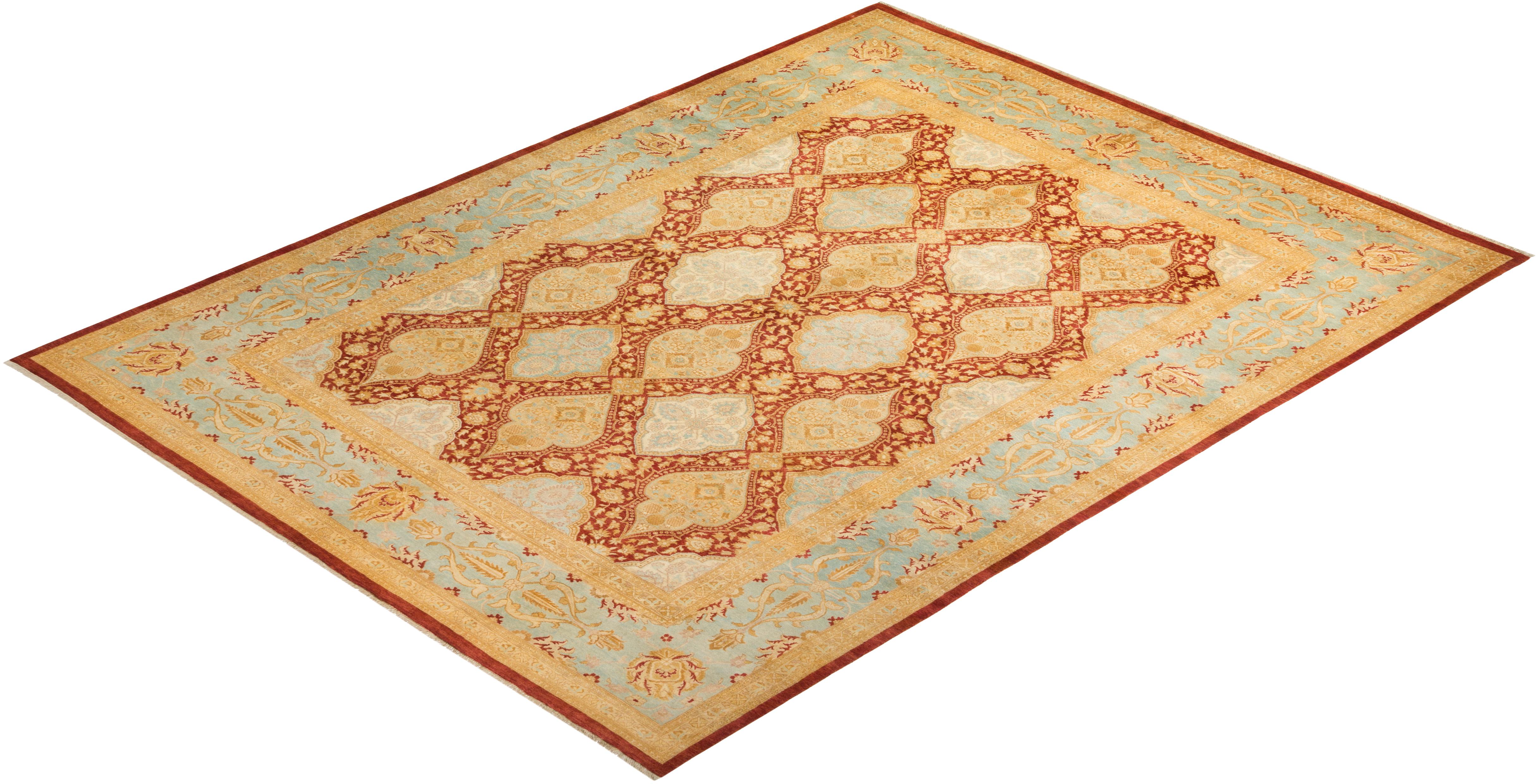 Contemporary Eclectic Hand Knotted Wool Red Area Rug For Sale 4