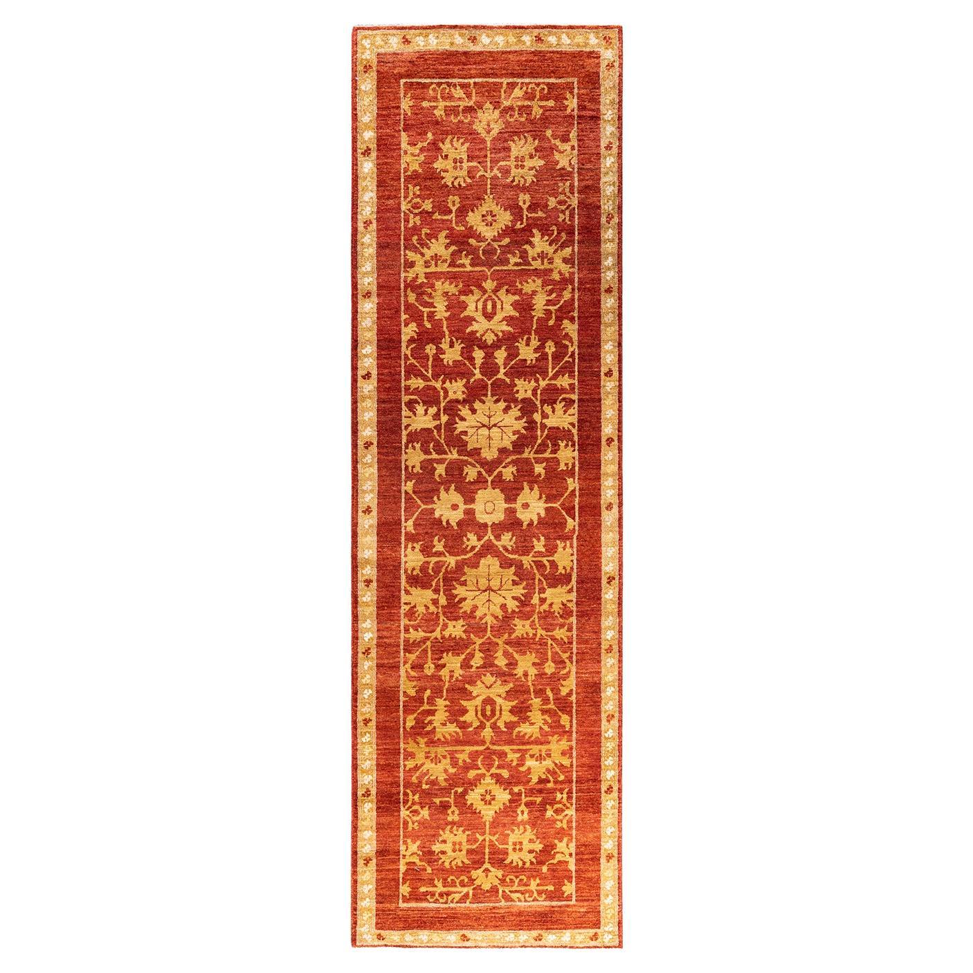 Contemporary Eclectic Hand Knotted Wool Red Runner im Angebot