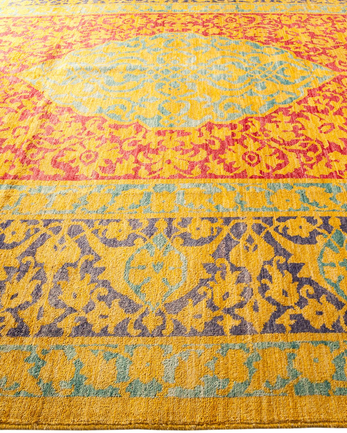 Contemporary Eclectic Hand Knotted Wool Yellow Area Rug  In New Condition For Sale In Norwalk, CT