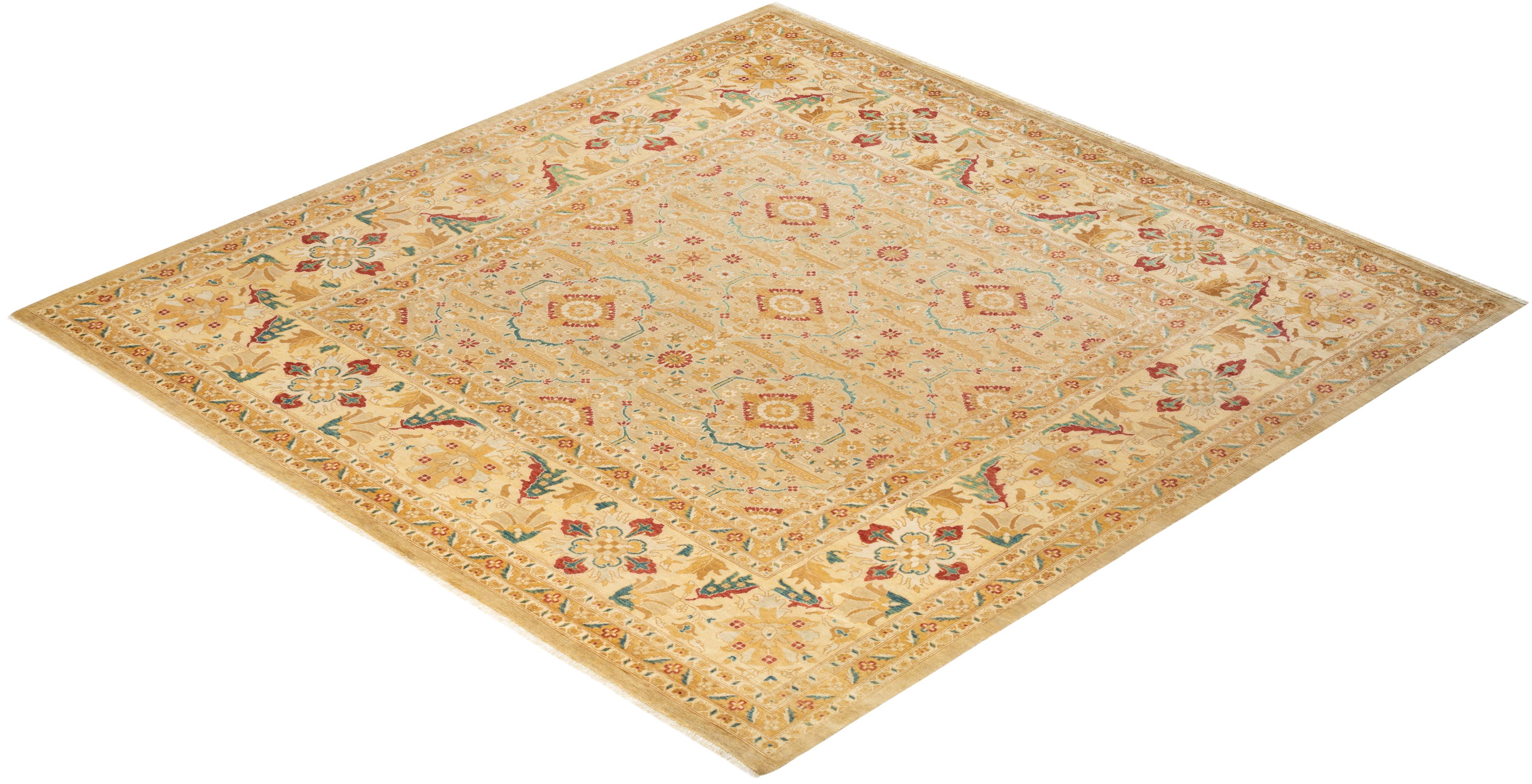 Contemporary Eclectic Hand Knotted Wool Yellow Area Rug For Sale 4