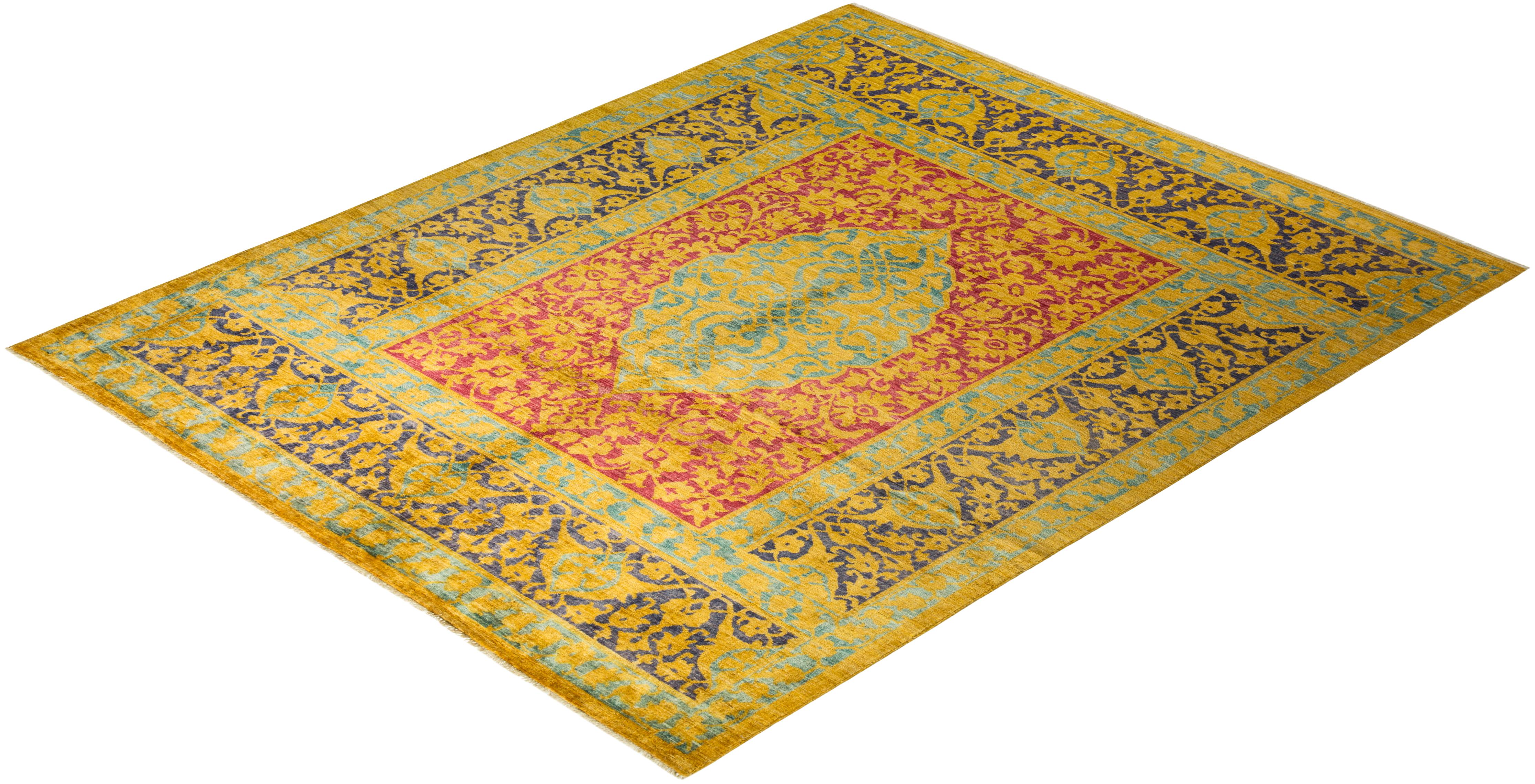 Contemporary Eclectic Hand Knotted Wool Yellow Area Rug  For Sale 4