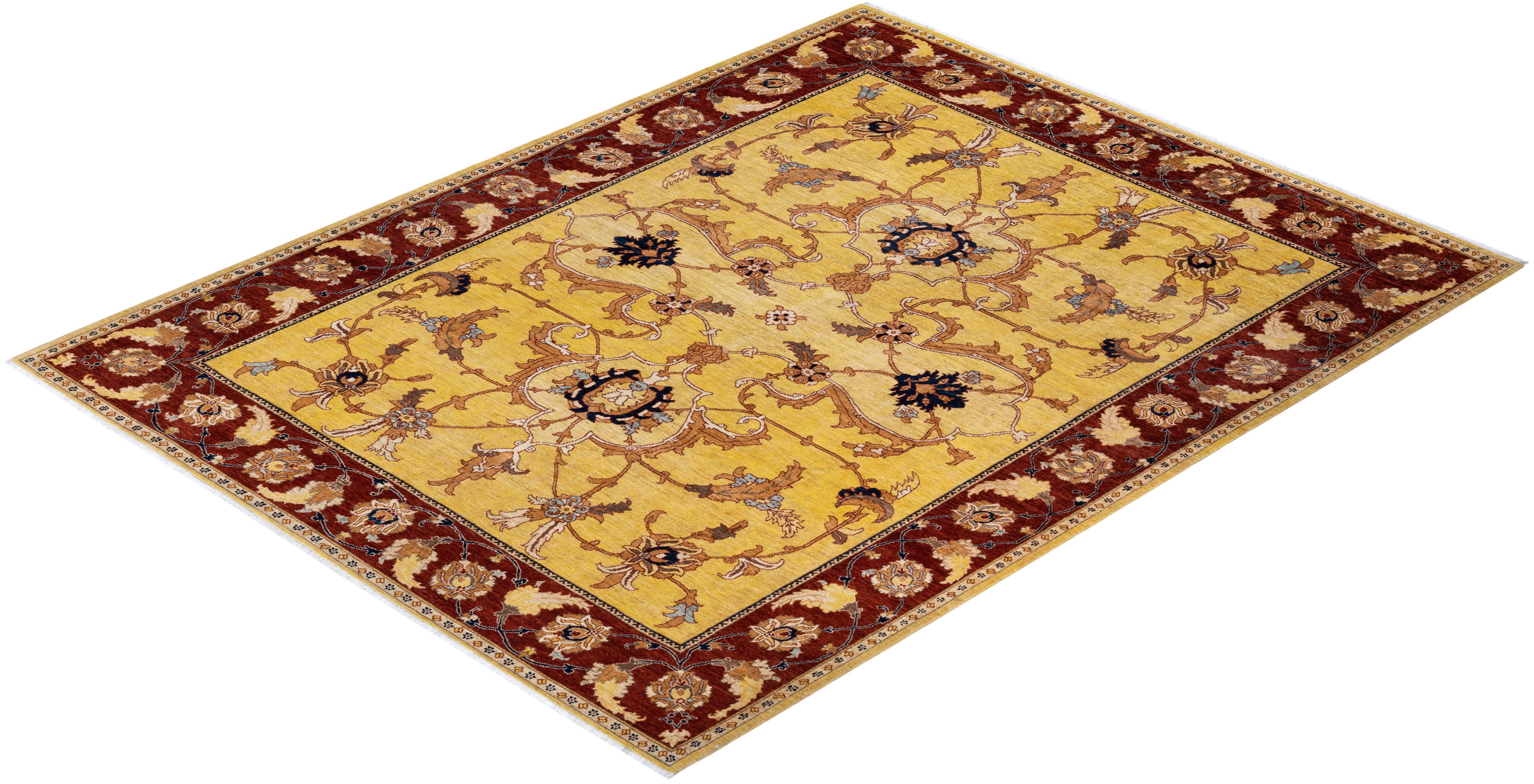 Contemporary Eclectic Hand Knotted Wool Yellow Area Rug For Sale 4