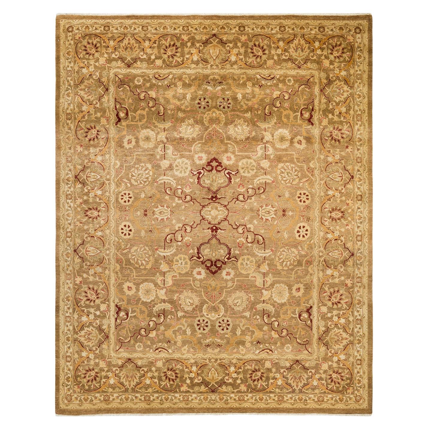 Contemporary Eclectic Hand Knotted Wool Yellow Area Rug For Sale