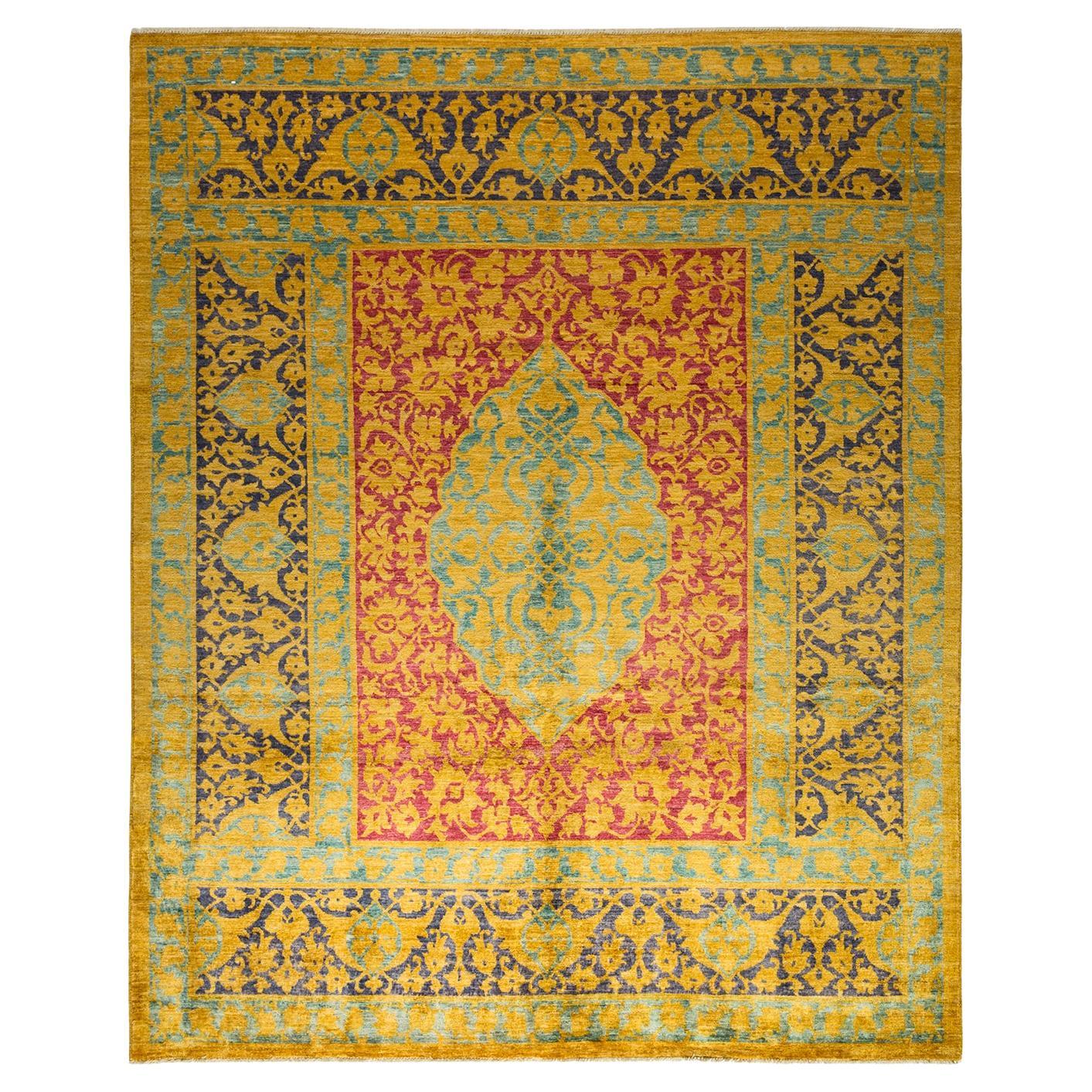 Contemporary Eclectic Hand Knotted Wool Yellow Area Rug  For Sale