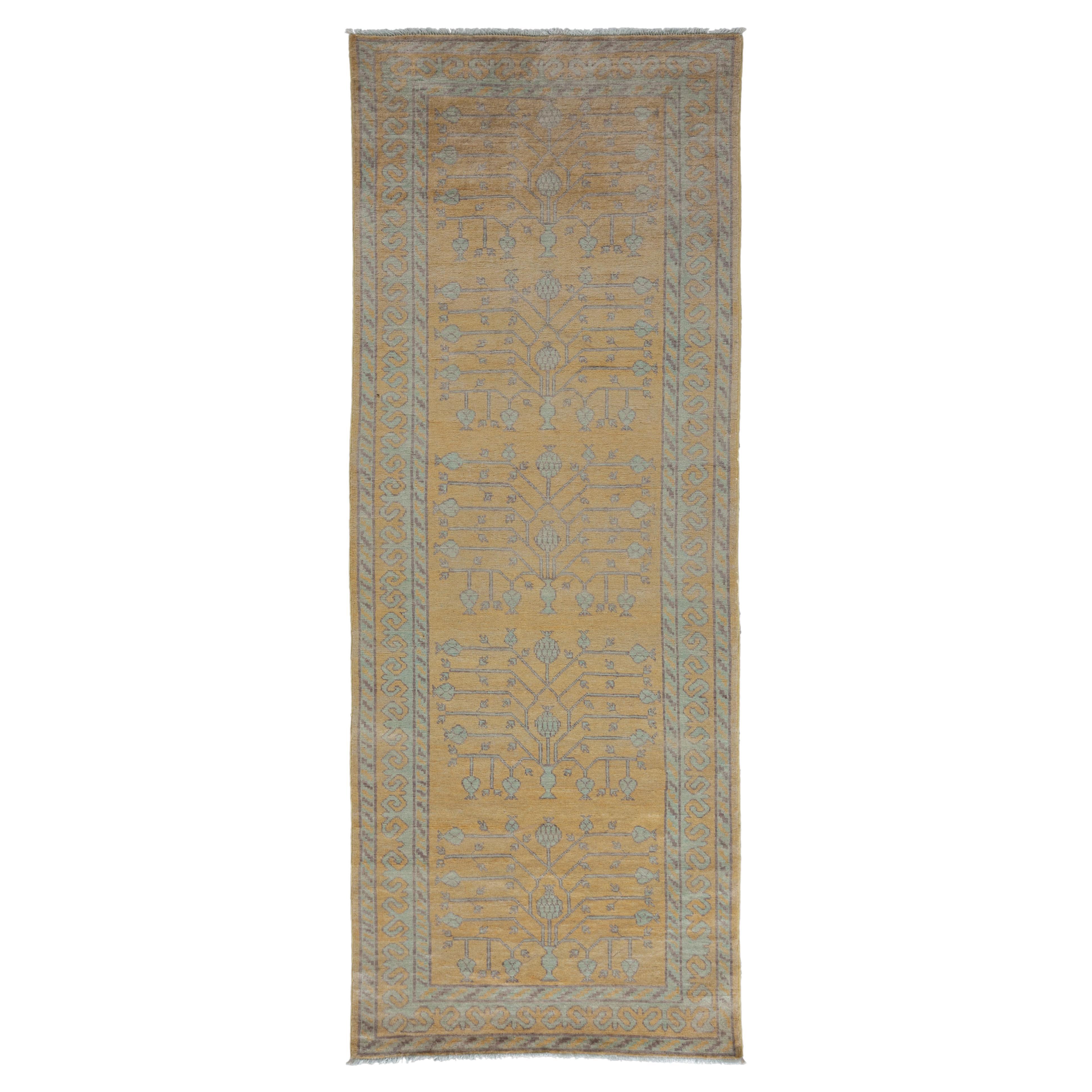 Contemporary Eclectic Hand Knotted Wool Yellow Runner