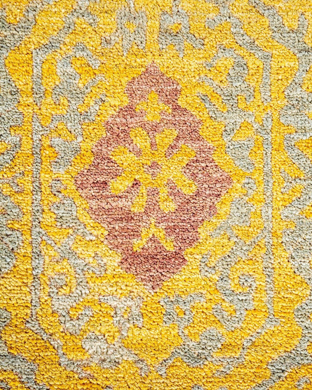 Pakistani Contemporary Eclectic Hand Knotted Wool Yellow Square Area Rug For Sale