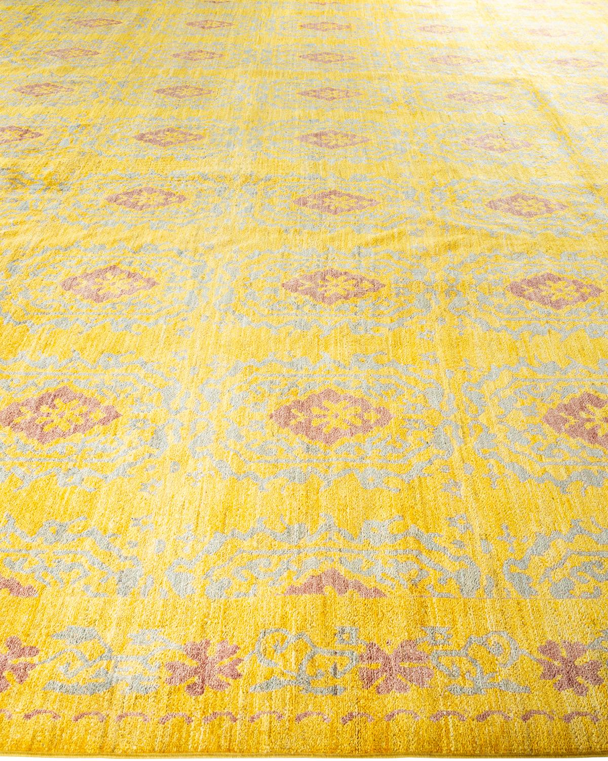 Contemporary Eclectic Hand Knotted Wool Yellow Square Area Rug In New Condition For Sale In Norwalk, CT