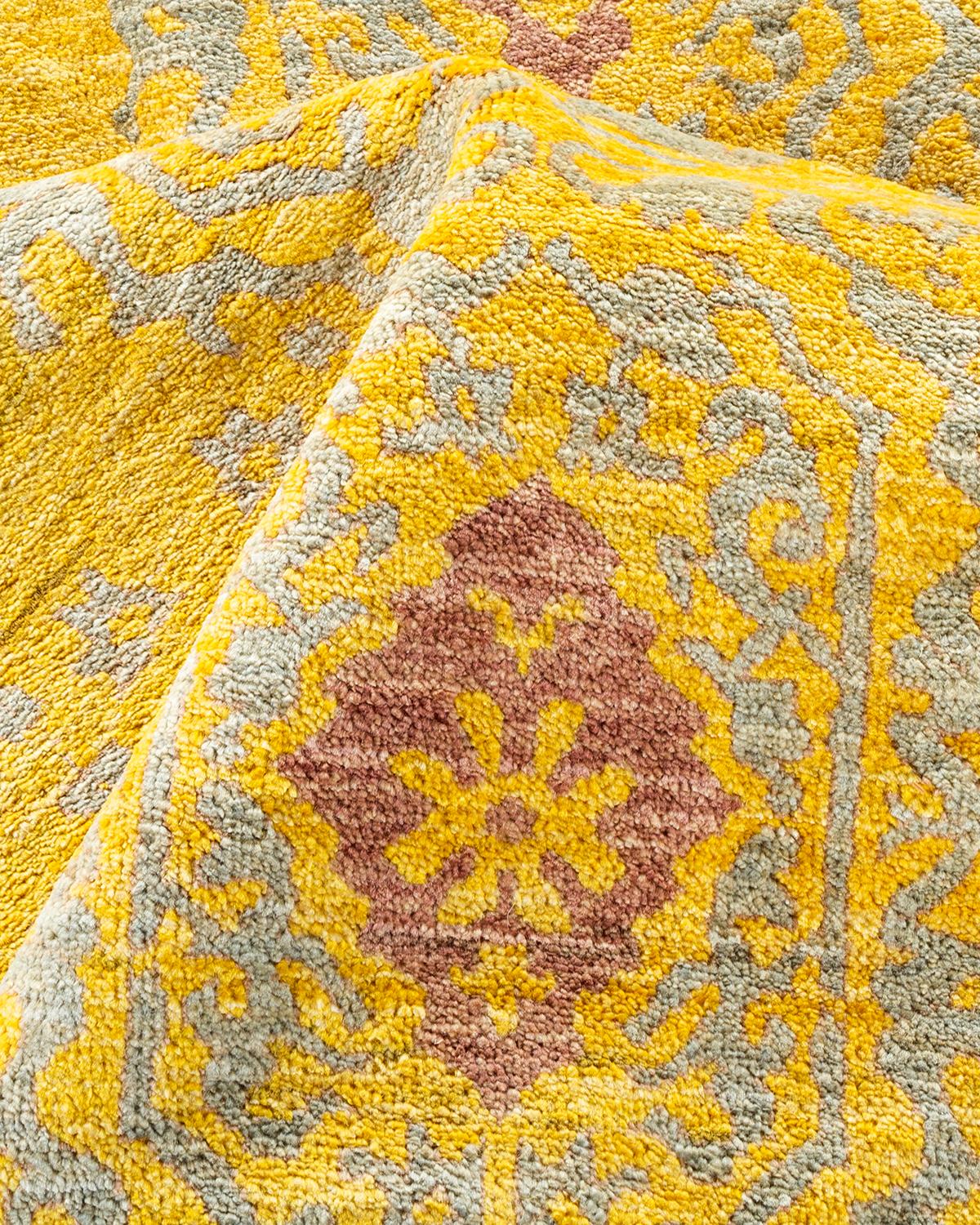 Contemporary Eclectic Hand Knotted Wool Yellow Square Area Rug im Angebot 1