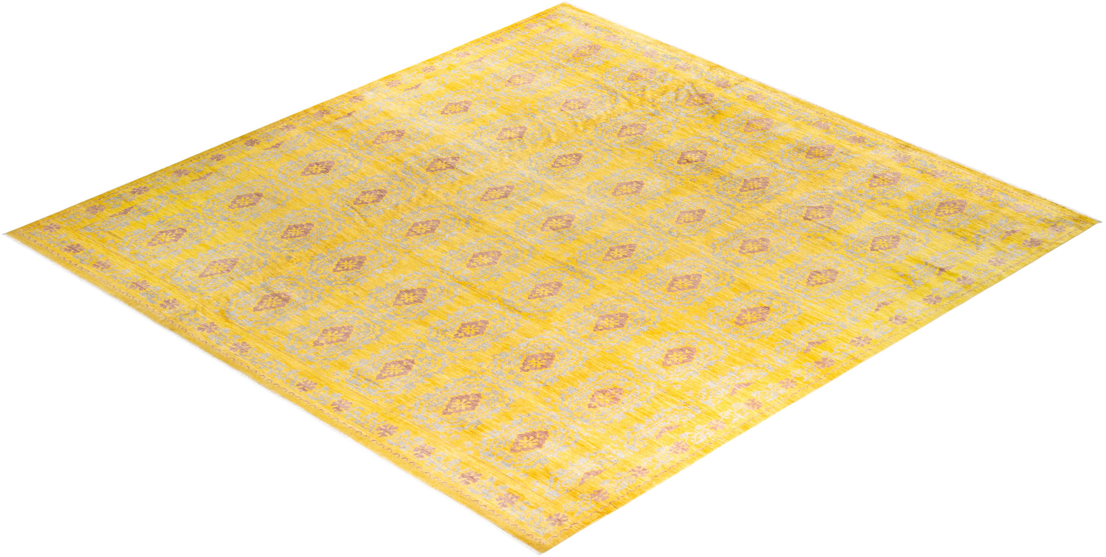 Contemporary Eclectic Hand Knotted Wool Yellow Square Area Rug For Sale 4