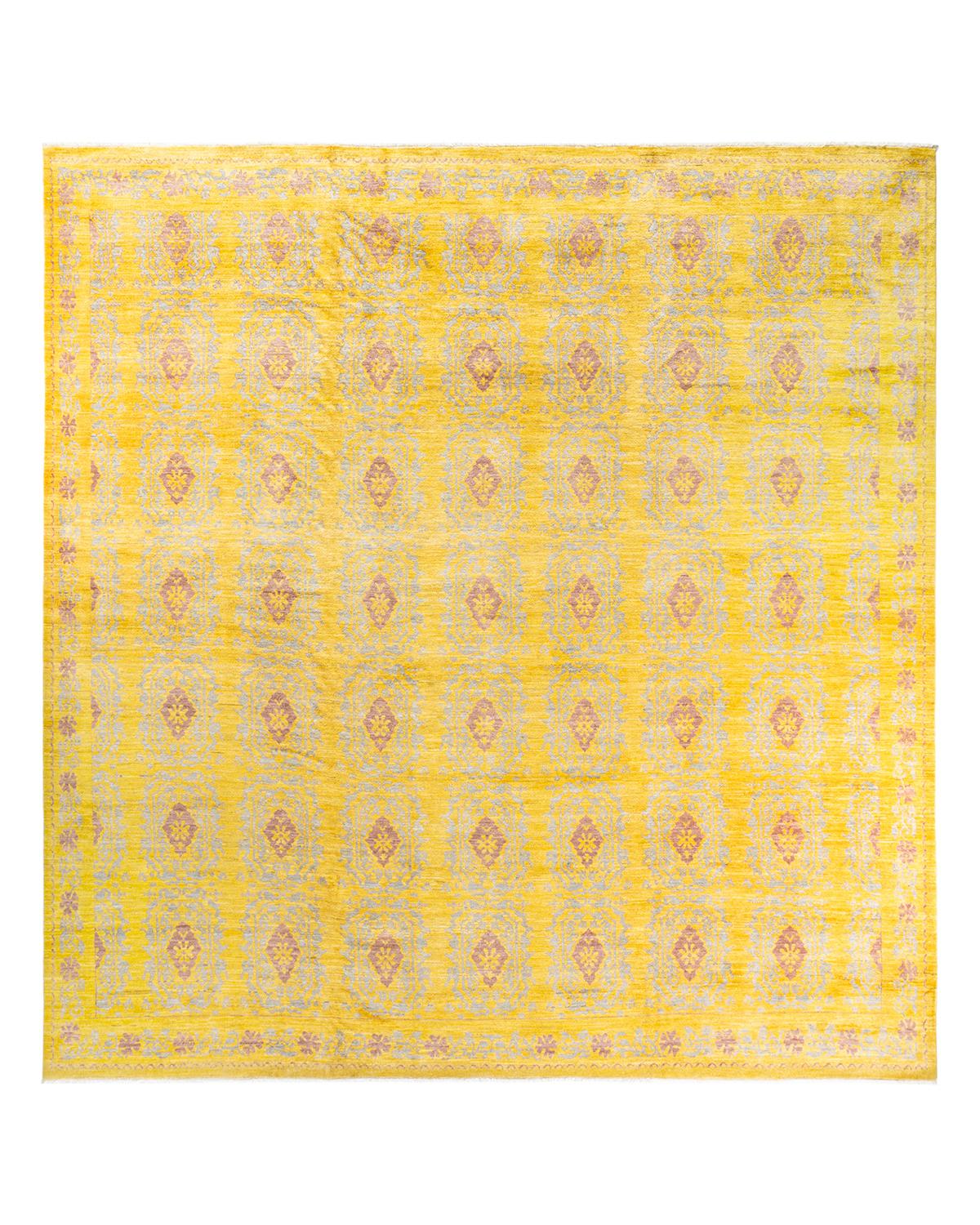 Contemporary Eclectic Hand Knotted Wool Yellow Square Area Rug im Angebot