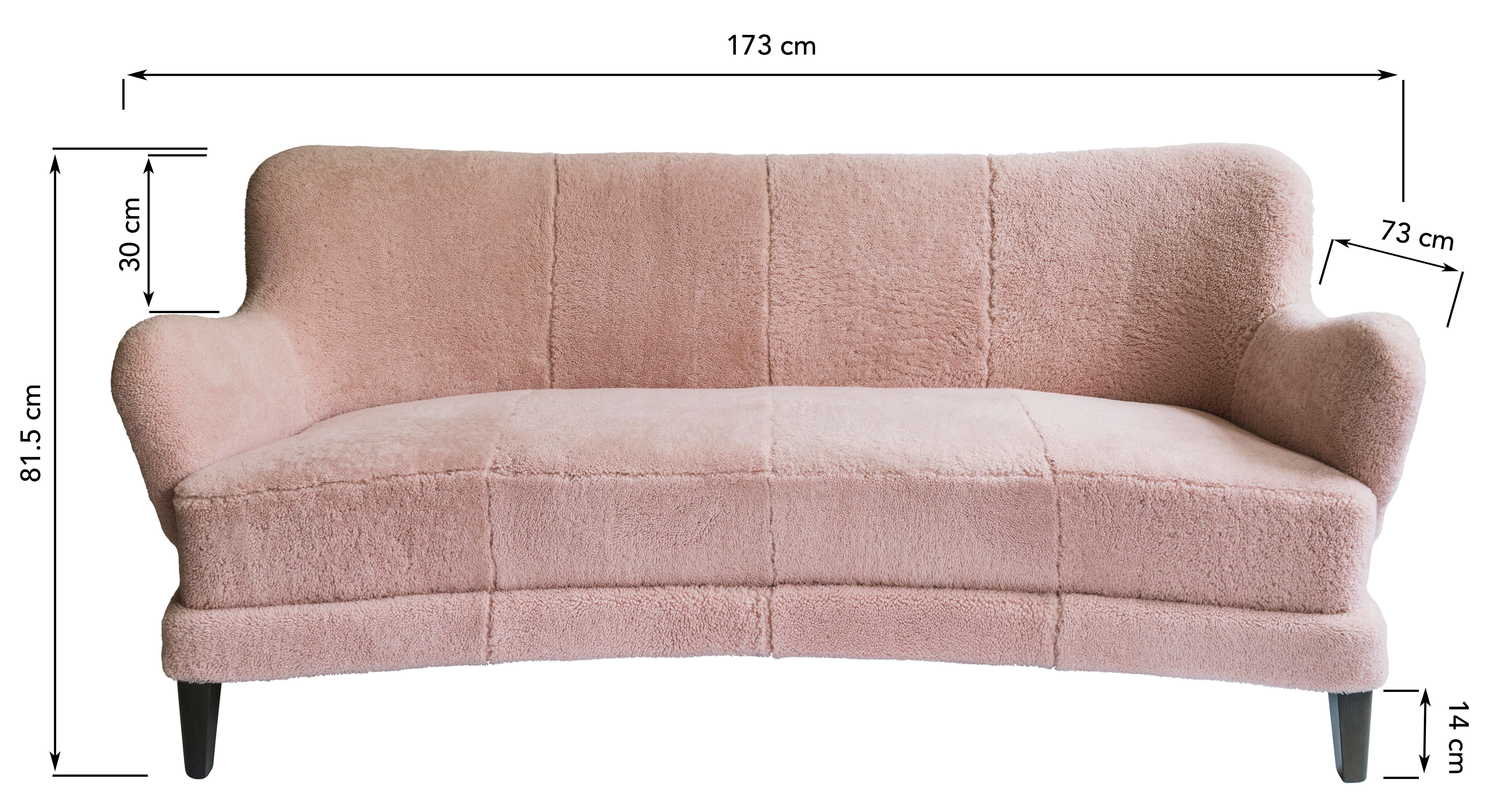 Mid-Century Modern Contemporary Eclipse Curved Sofa in Pink Sheepskin and Suede Upholstery For Sale