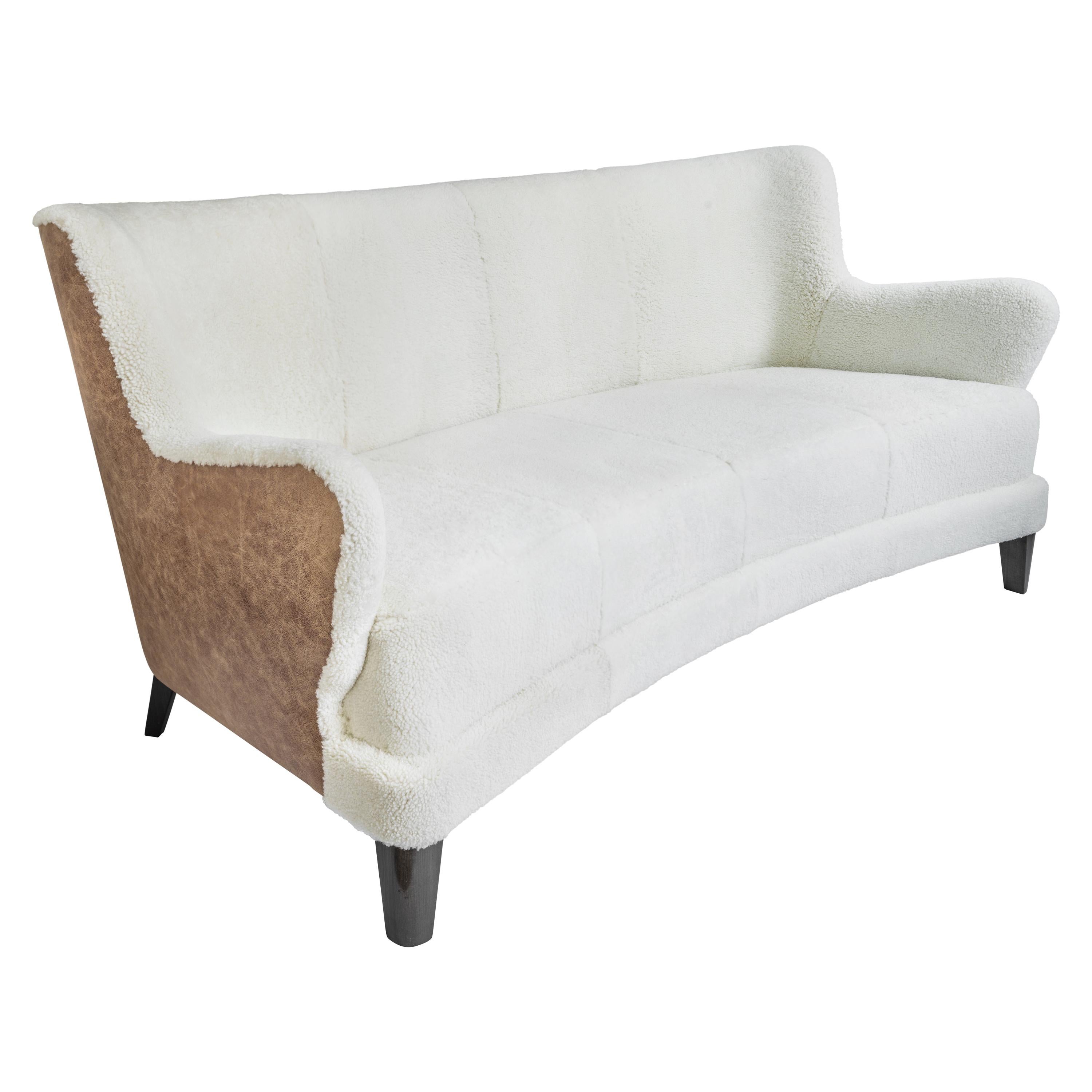 Contemporary Eclipse Curved Sofa in White Sheepskin and Leather Upholstery