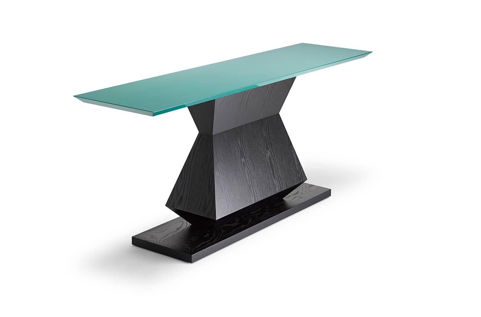 Moderne Table console contemporaine Edo en chêne ou noyer avec plateau de couleur laquée en option en vente