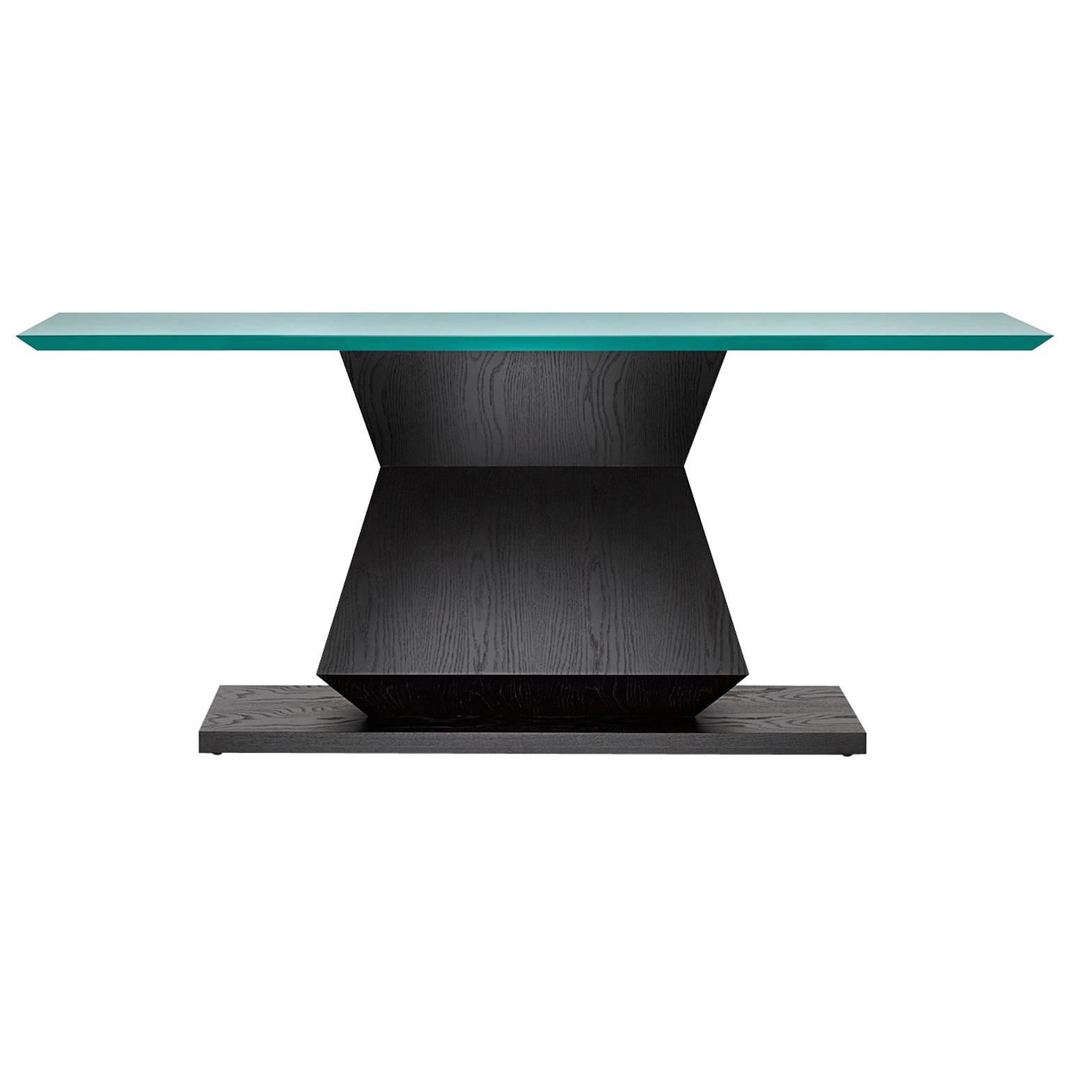 Table console contemporaine Edo en chêne ou noyer avec plateau de couleur laquée en option en vente