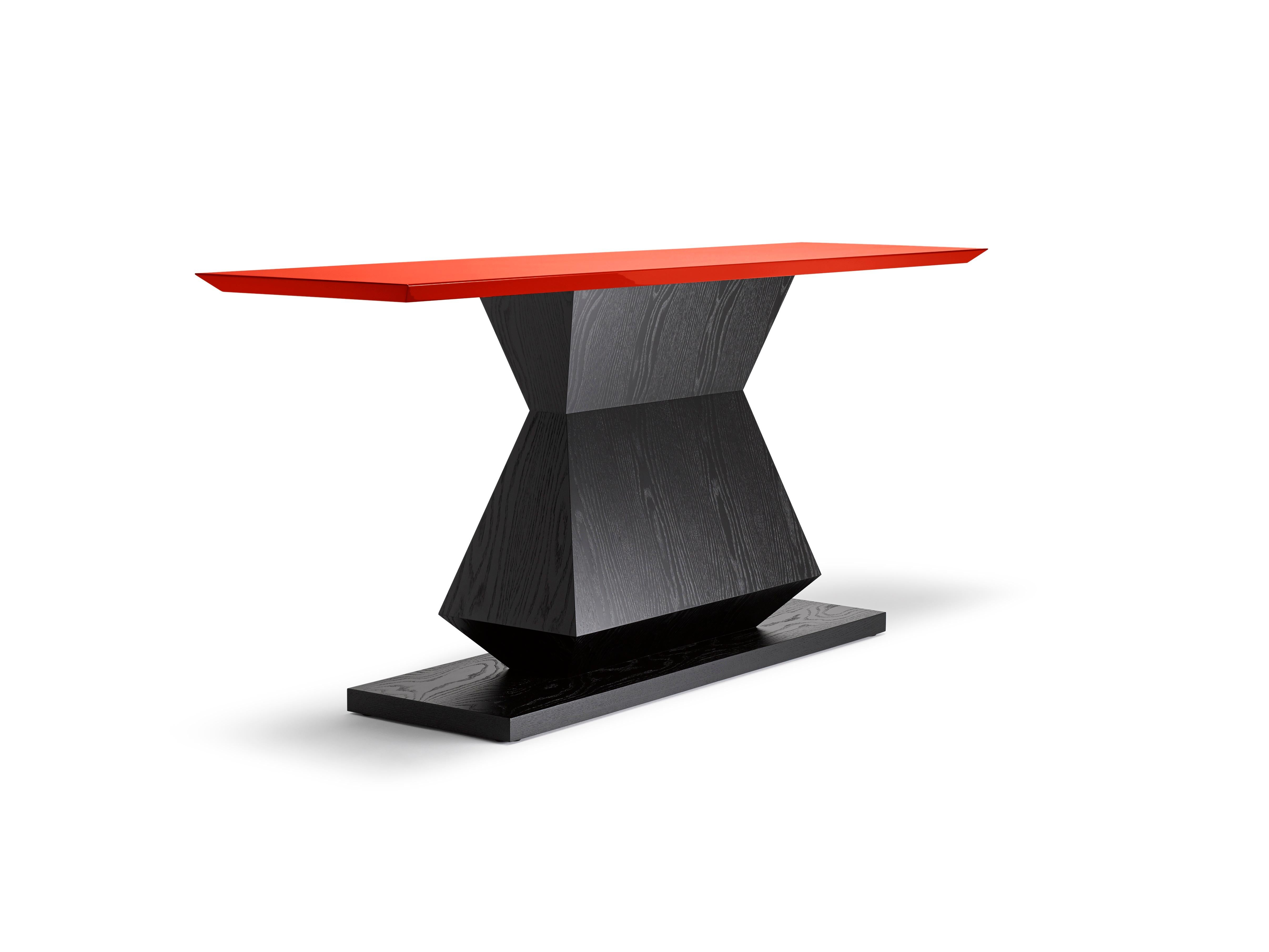 English Contemporary Edo Console Table in Oak or Walnut with lacquer colour top For Sale