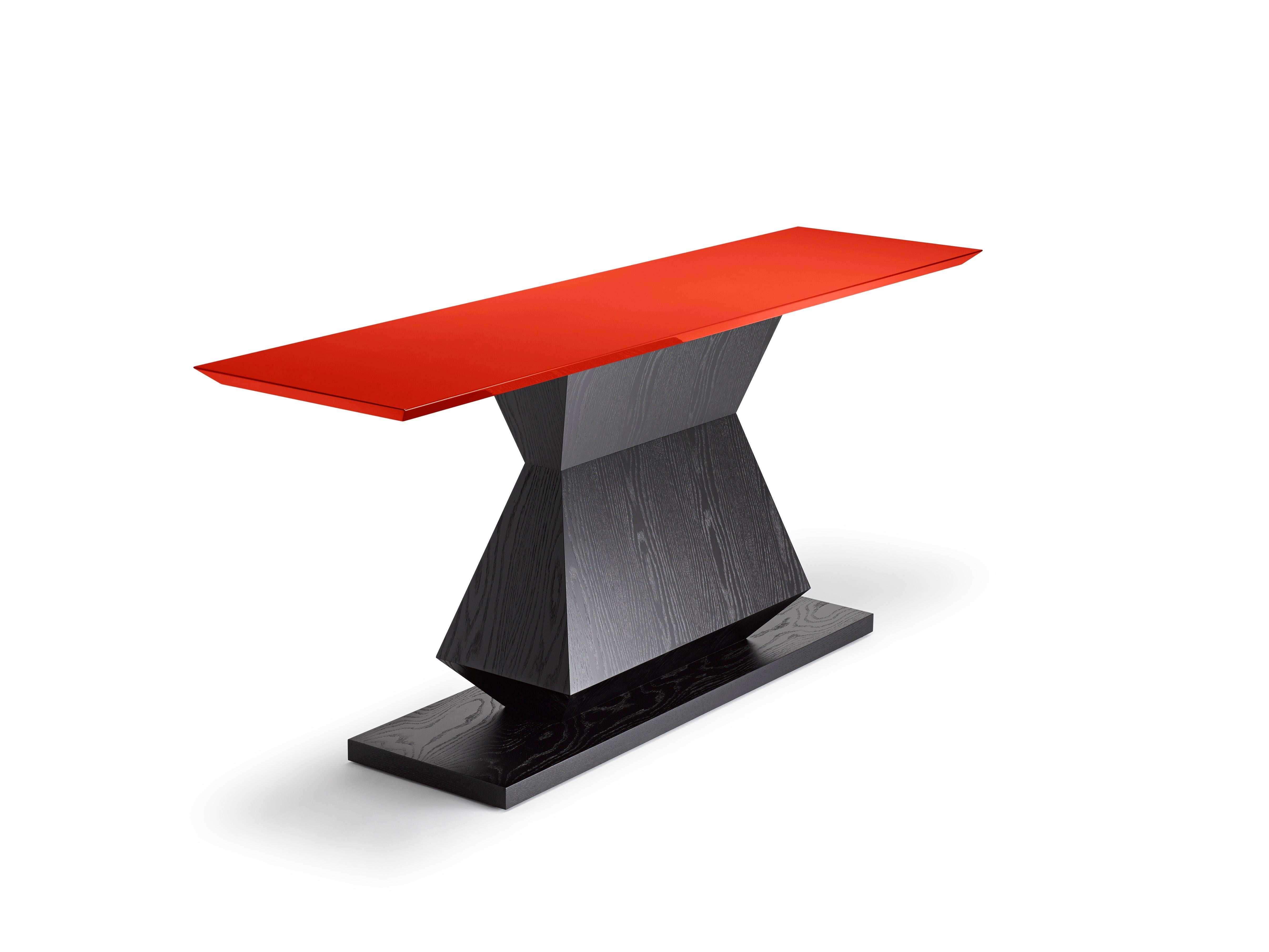 Modern Contemporary Edo Console Table in Oak or Walnut with lacquer colour top For Sale